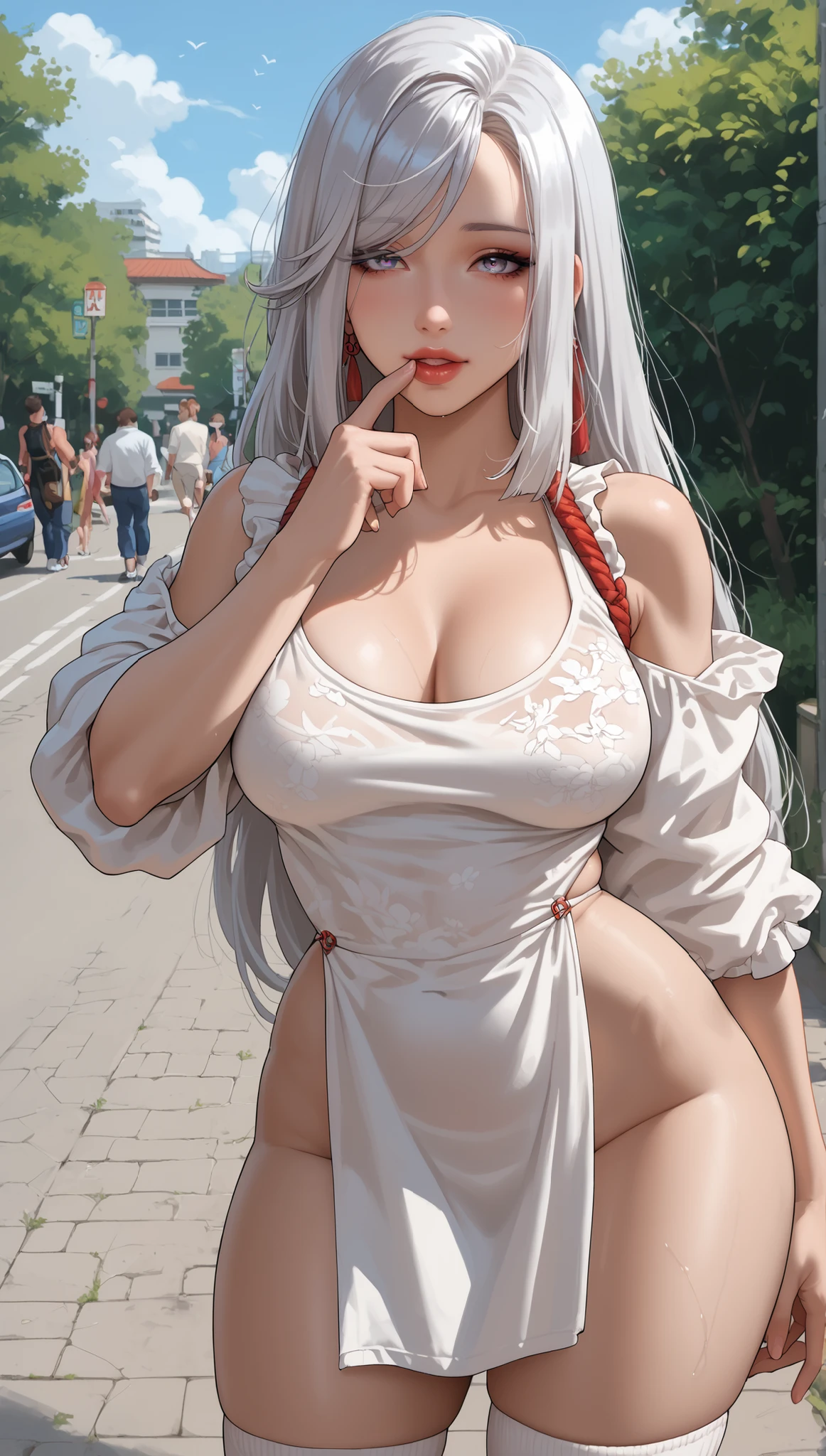 1girl, happy expression, adult, mature, medium breast, full round, curvy, thick thighs, full lips, looking at viewer, (athletic body), Shenhe, knee socks, blush, standing, her finger in her mouth, athletic body, lipstick, eyeliner, eyeshadow, wearing a long summer dress dress, at the park