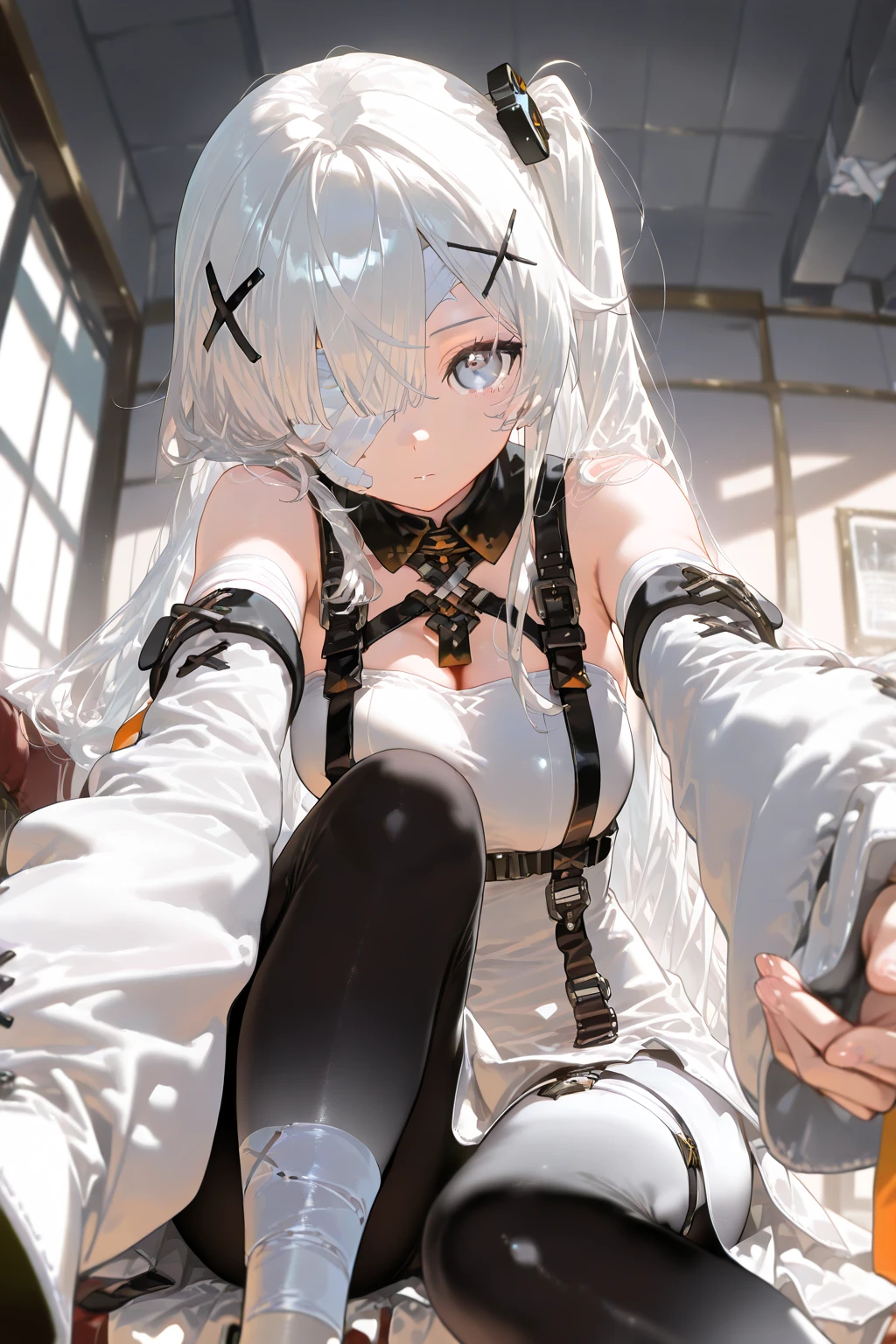 1girl,small,solo focus,,glowing magenta eyes,colored sclera,white hair, long hair,(((pale skin,extremy white skin,hair over one eye))),, close mouth,(((medium tits,glossy thighs,))),((white bra,hidden arms,white skirt,no shoes)),(((sleeping))),hd,masterpiece,4k,halo pink,(((sealed in an ancient ruin at night with her hands and legs chained with chains, stuck to the wall,hanging on the wall))),