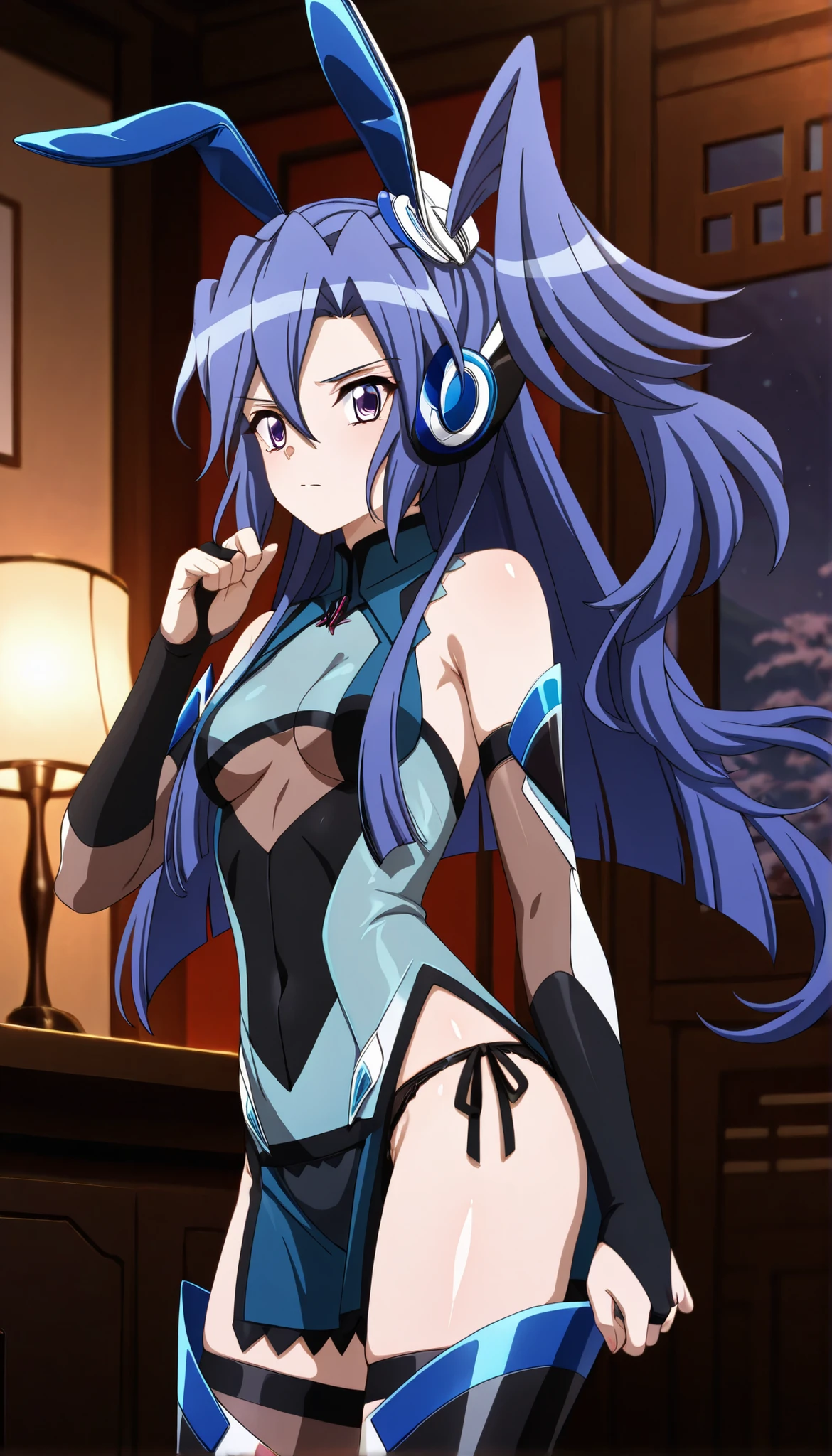 masterpiece, best quality, amazing quality, very aesthetic, absurdres, newest,shiny skin, anime screenshot, anime coloring senki zesshou symphogear, Kazanari Tsubasa, blue_hair purple eyes, one side up, ruanyi0625,bare shoulders,black panties,black thighhighs,bridal gauntlets,lace,see-through,underboob,fake animal ears,rabbit ears,china dress,side slit,thigh boots, looking at viewer、upper Body、