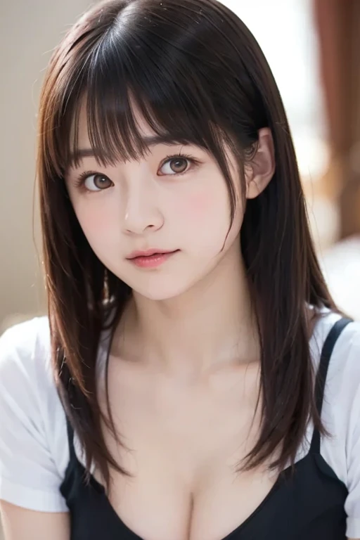masterpiece, highest quality, 8k, 20th Generation, Large Breasts, cute, alone, sad, cute, Girlish, Delicate girl, Pure beauty, RAW Photos, Professional photography, Portraiture, Soft Light, Professional Lighting, Backlight, Upper Body, avert your eyes, Sophisticated, Film Grain, (Eyes and facial details:1.0), Short floating hair, Beautiful, flowing hair, bangs, T-shirt and grayish lavender cardigan、Big big breasts