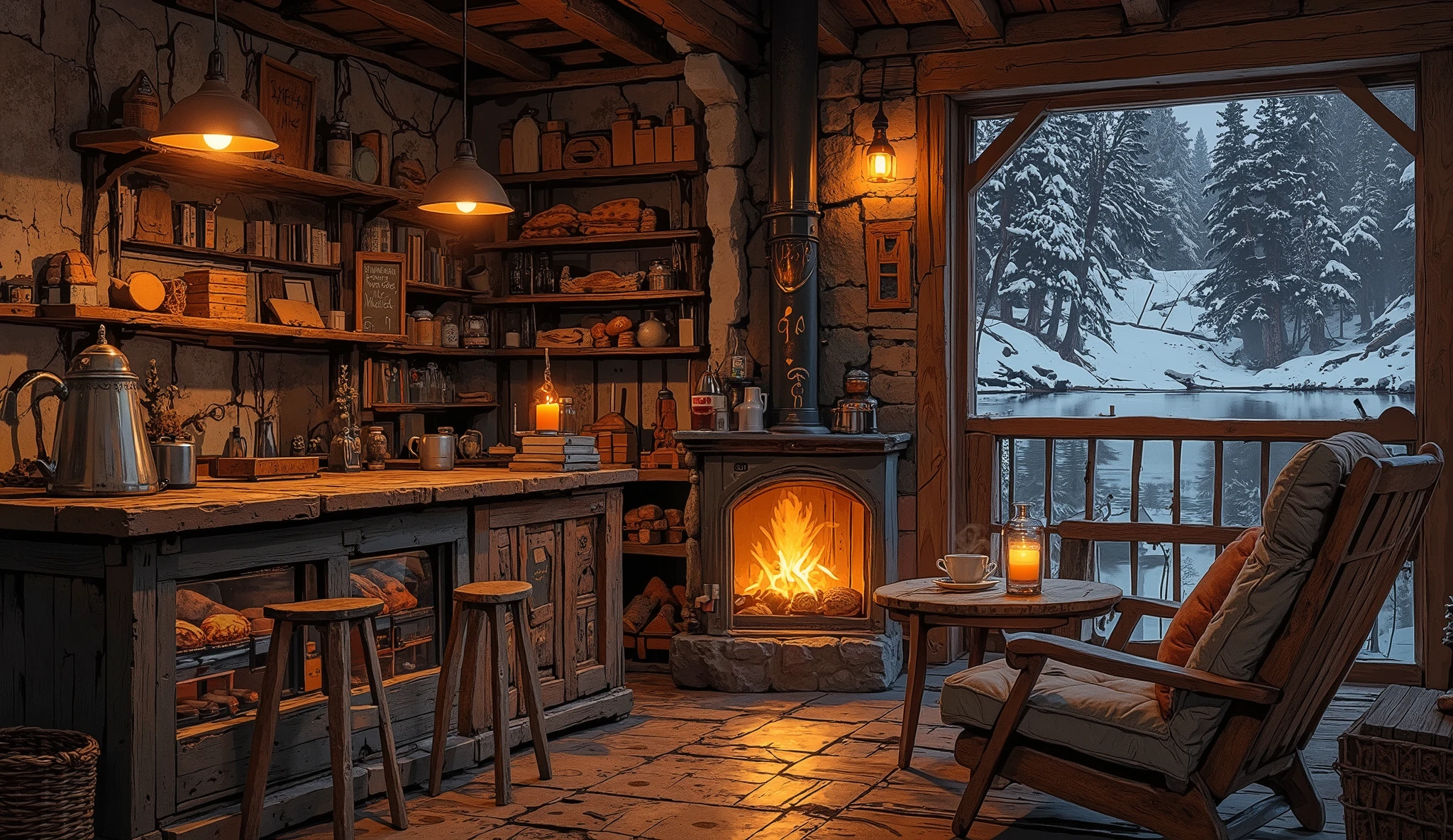 Cozy cabin with fireplace ,g sinhThe scene depicts a Cozy cabin with fireplacequán cà phê mộc mạc, overlooking a beautiful lake .
The interior has a wooden counter , on which a shiny metal coffee pot shines warm gold , symbolism of the art coffee floor and welcome . Under the counter , a glass display cabinet showcases fresh bread and pastries , man who fits the suit perfectly .
Beautiful rustic details, stone fireplace that fits snugly against a small brick wall and raw wood adds a little extra special to the space.
Comfortable design wooden chairs arranged along the counter , ideal for a relaxing holiday . Back , a wooden shelf filled with bread and rustic bread brings order and touches , while a blackboard with the inscription "cafe" displays the prices of products attractively .
Ở bên ngoài Là khung cảnh đêm tối được bao phủ bởi một lớp snow , creating a warm earth yellow contrast with the warmth of the interior .
A wooden armchair with soft cushions arranged around a rustic coffee table , with a harmonious layout : a bottle reused as a vase, a cup of steamed coffee and a scented candle radiating accessories . Next to the characteristic gray color , a small sedge basket containing books and decorations , the counter enriches the atmosphere .
The surrounding landscape is to enjoy the dark winter night sky , Earthy yellow light qlimited, warmth reflected on the small lake water . perfect for contemplation and meditation .Instagram viral cave living room with fireplace, coffees, Foods , cozy balcony. snow
.
