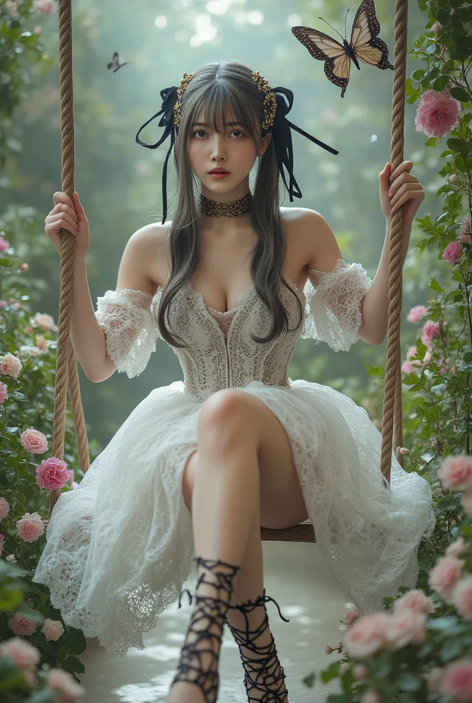 ((masterpiece, best quality)), (1girl), (solo), (female focus), yoru (chainsaw man),(very detailed face, real image, realistic white skin, realistic body, intricate details), upper body, serious , brown eyes, looking at the viewer, bandages over the body, black hair, far sleeve shirt, pinaforee dress, black necktie, bandages, bandages, small breasts