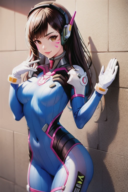 (masterpiece:1.2), best quality, masterpiece, 4k, 8k, ultra-detailed, highres, perfect lighting,1girl, against wall, animal print, armor, bangs, blue bodysuit, bodysuit, bracer, breasts, brick wall, brown eyes, brown hair, bunny print, charm \(object\), clothes writing, covered navel, cowboy shot, d.va \(overwatch\), emblem, eyebrows visible through hair, facepaint, facial mark, gloves, hand up, headphones, high collar, honeycomb background, lips, long hair, looking at viewer, medium breasts, pauldrons, pilot suit, pink lips, ribbed bodysuit, shoulder armor, shoulder pads, skin tight, smile, solo, standing, swept bangs, thigh strap, tiles, turtleneck, whisker markings, white gloves, torn clothes, torn bodysuit, battle damaged, holes in clothes