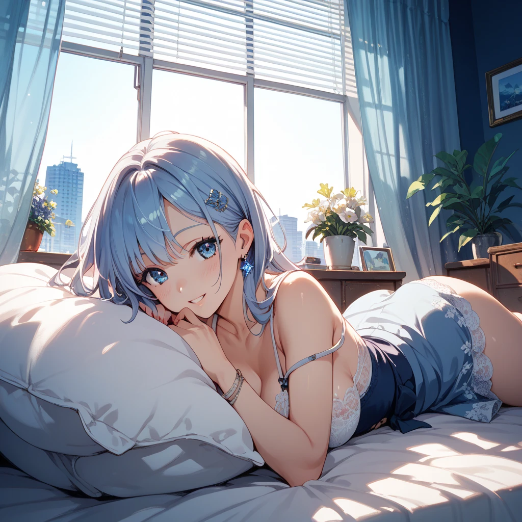 highest quality,8k,detailed,F cup bust、Big Breasts、Very cute face、Beautiful thighs、Best Beautiful Legs、Slim and beautiful arms、Slim body、Very white beautiful skin、((((1 person、looking at the camera、smile、Thin white bikini、smile、In the background are the urban buildings of Tokyo、Cheek resting on hand、Lie down on your side、Hotel room、Stick your butt out、Window、On the bed、Get up close and take a photo))))、I can see the deep blue sky、The atmosphere is very bright and lively.、The woman is at the center of the image。
