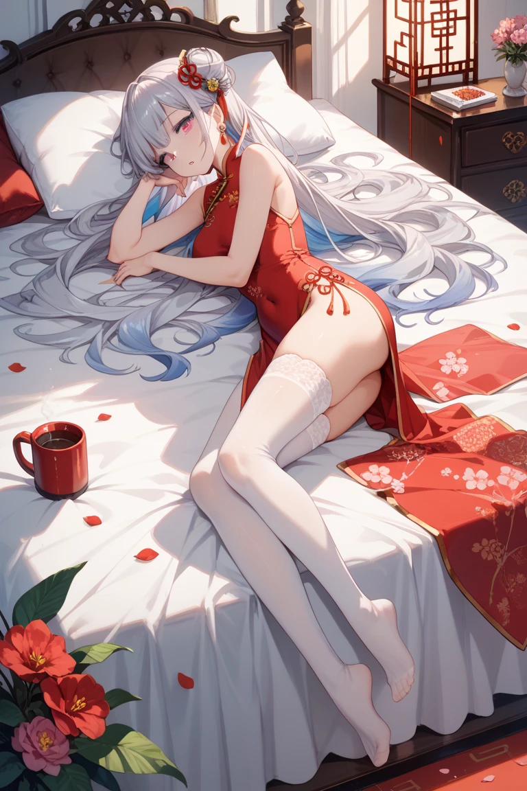 Imitation art of league of legend, white dresses, twin pig tail, chinese dresses, high heels, panty hose, masterpieces, hyper art