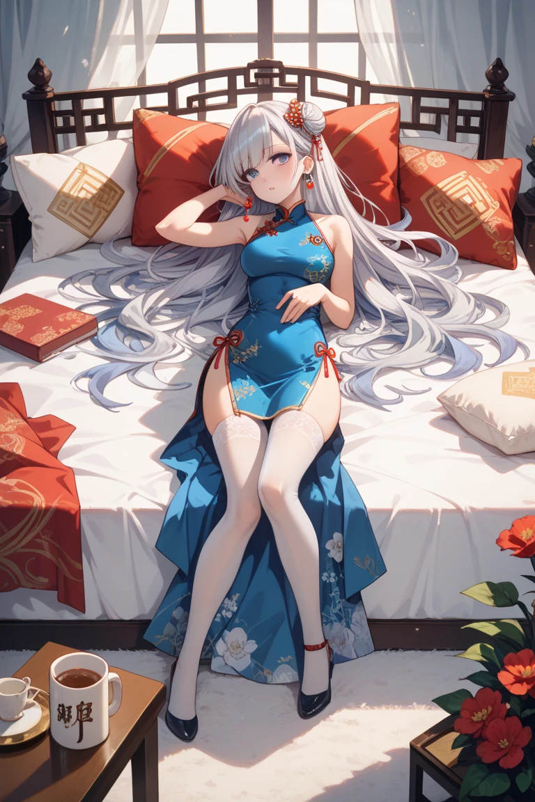 ((2D beautiful girl、top-quality：1.1、Perfect fingers:1.2、perfect anatomia:1.2、Dress perfectly、face perfect：1.1、Beautiful illustration))、(transform sequence)、((cute decorative headbands、white, blue and gold cheongsam swimsuit：1.1)、14years、Solio、hime、Fractal Art、baby-face、((stright long hair))、(Slender and beautiful legs)、big drooping eyes：1.1、（full body photographed：1.1、Long Shot Photography）、((1 person))、resort hotel、embarrassed from、red blush