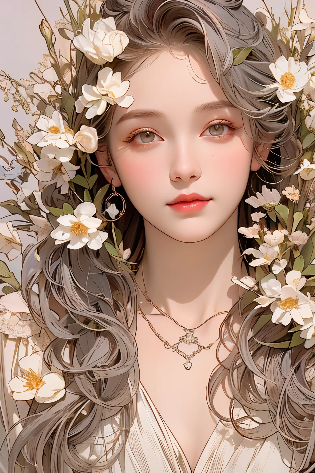(Oil painting of a young, beautiful woman), striking portrait, (calm, gentle, girlish smile), (almost straight, medium-long silver-gray blonde hair), (close-up), glossy lips, (simple, urbane, sharp shirt), (slim figure), small necklace, soft spring sunlight, young leaves on the trees, fine and precise details, small spring flowers, muted colors, bright primary colors used partially as accents, use of contour lines, clean line drawing, (Alphonse Mucha-style composition), (stylish decorative frame in Art Nouveau style), masterpiece!, beautiful!, wonderful!, perfect!