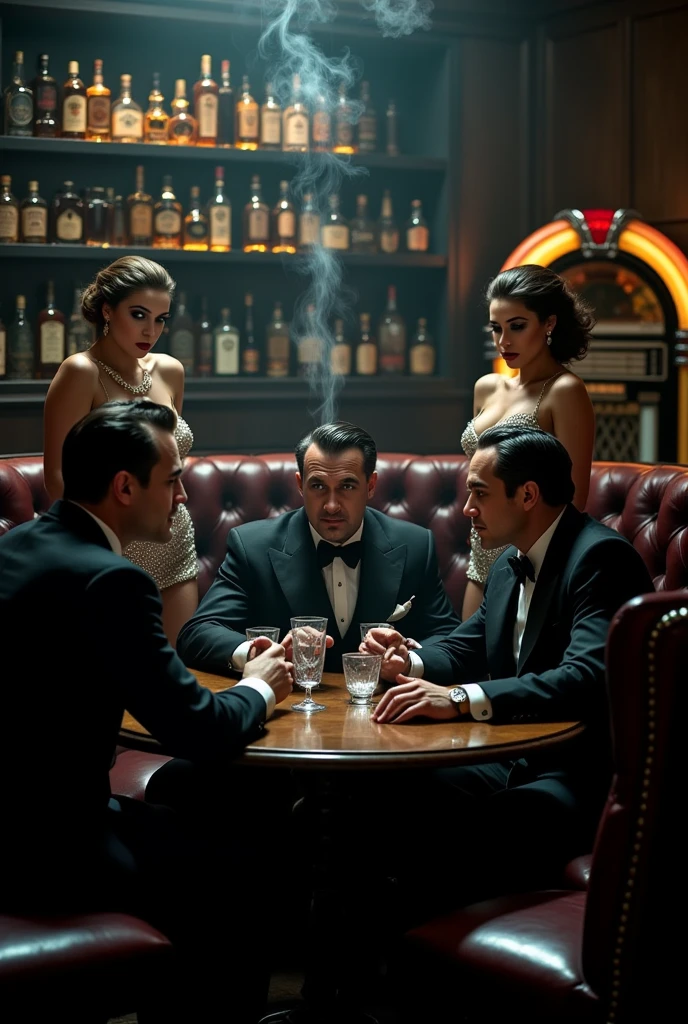 there is a man Roberto De Niro and woman (Adriana Lima :1.1) red lips, green eyes, standing in a living room, mafia background hyper detailed, pc screenshot, realistic art deco, ???? detective and a fedora, background artwork, style ivan talavera and artgerm, art gta 5 comics, ???? film world character design, game illustration, martin ansin artwork portrait, highly detailed characters, detective clothes, golden age