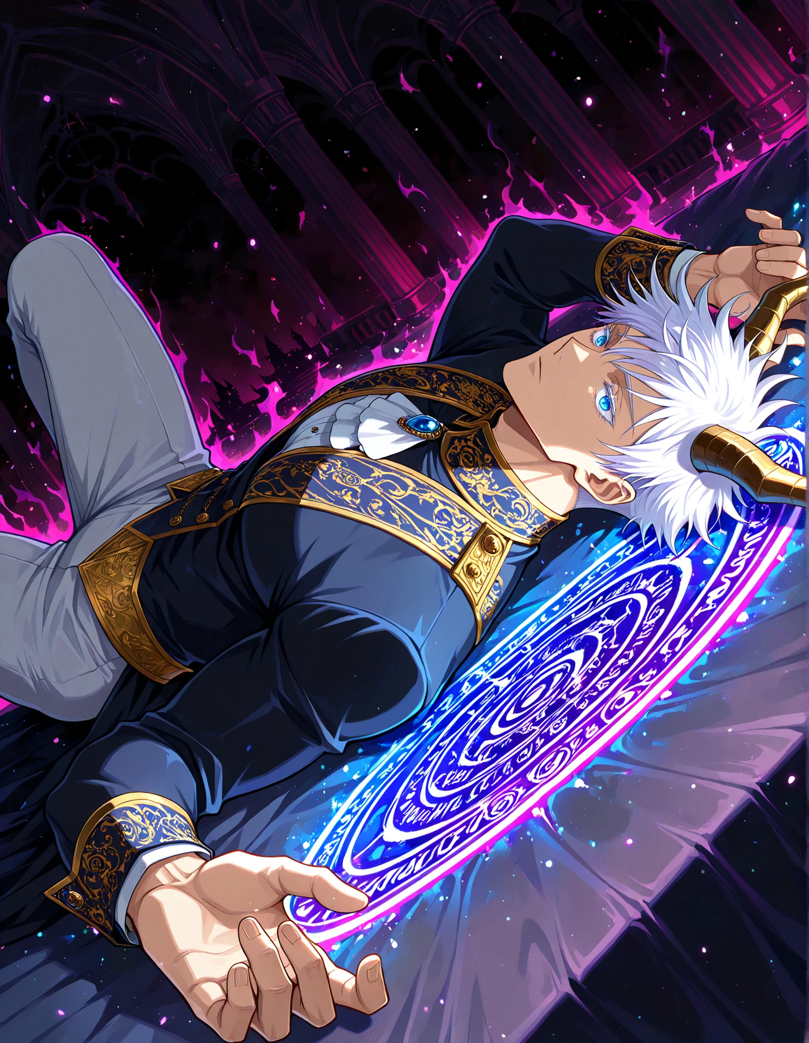 (masterpiece, best quality, highly detailed, mature) male, solo, 1man,adult, male focus, gojou satoru, jujutsu kaisen, blue eyes, white hair, short hair, sexy man, handsome face, colored eyelashes, handsome face, beautiful face, beautiful colors, medium shot, victorian clothes, aristocrat, royal clothes, white accent, indigo colored, indoors, serious, Egoat horns, white hair, horizontal pupils, beautiful male, dark background, night, castel, View from above,Enchanted eyelashes, delicate, style, Anime, digital painting, soft shading, fantasy, Neon Pastel, Ethereal Art, UHD, best quality, high detail , dark aura glowing, dynamic pose, lying, lying bored in bed, bored facial expression, castle interior, luxurious, glittering, shiny, sparkling, magical, particles, dark atmosphere, magical aura, playing with magic circle,, wide angle shot, dynamic pose