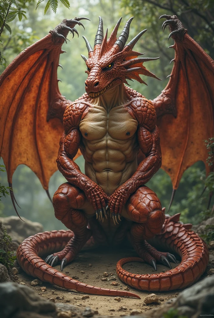 Dragon, muscular, big penis, lying on bed