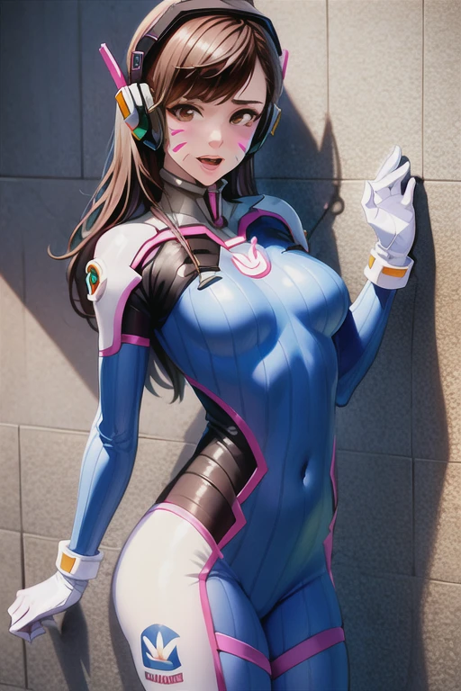 (masterpiece), (best quality),blue_bodysuit, 1girl, d.va_\(overwatch\),  animal_print, bangs, bodysuit, bracer, medium_breasts,  brick_wall, brown_eyes, brown_hair, whisker_markings, bunny_print, pilot_suit, pink_lips, ribbed_bodysuit, character_name, checkered_background, clothes_writing, facepaint, gloves, headphones, high_collar, honeycomb_\(pattern\), honeycomb_background, lips, long_hair, looking_at_viewer,  solo, standing, swept_bangs, thigh_strap, tile_floor, tile_wall, tiles, turtleneck, white_footwear, white_gloves,pilot_suit,shoulder_armor, shoulder_pads, (kbxll:0.6),