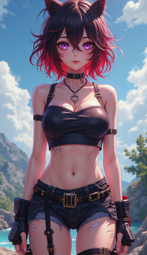 1 girl, solo, only one girl ,red hair, short ponytail, blue eyes, crop top, bare shoulders, necklace, piercings, big boobs,belly tattoo,Hand tattoo