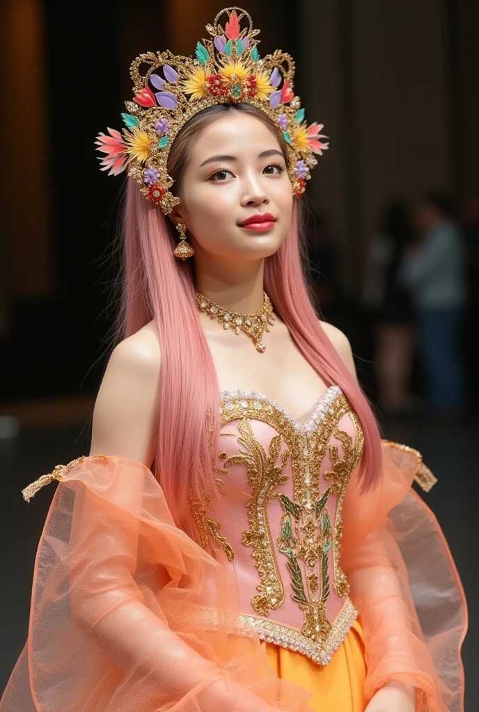 sexy Thai model who controls poison、beautiful smile、lip-gloss、bold lipstick、long lashes、drama makeup、look at the camera、full body Esbian、、sparkling poisoned flower costume、、、、sparkling Colorful hair、secrete poison、skull hair accessories、sexy tights、shiny sparkling flowers background