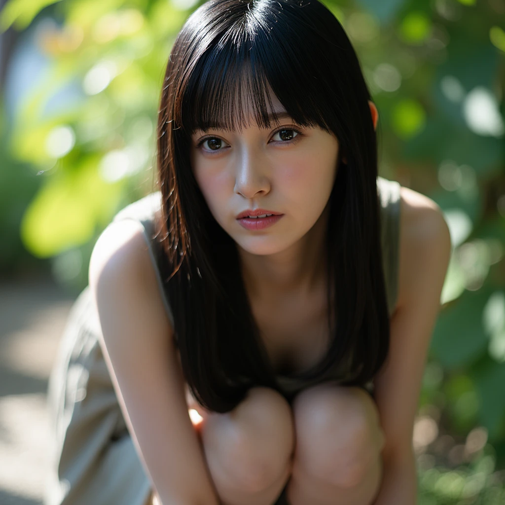 Beautiful Thai transvestite with a fine face, hermosa cabellera y deliciosas piernas, con vestido corto de cuero color piel, camina solitaria en medio un bosque oscuro, observando sus bellos pies con zapatillas de ballet. 