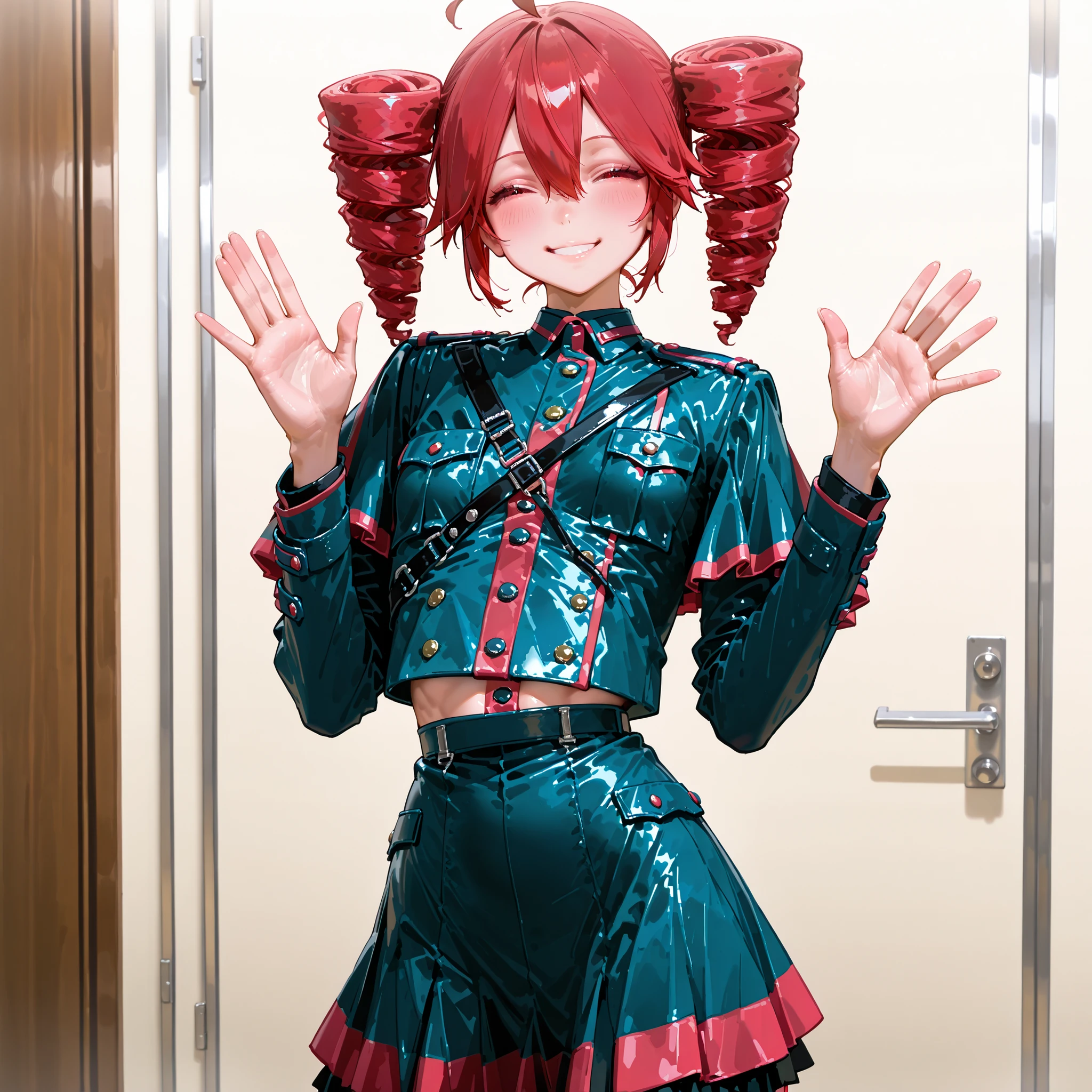 8k, Masterpiece, uniform, Shapely beautiful body line, girls, solo, kasane teto, twin tail drill, red hair, flat breasts, smile, standing, waving gesture, one hand up, show palm,