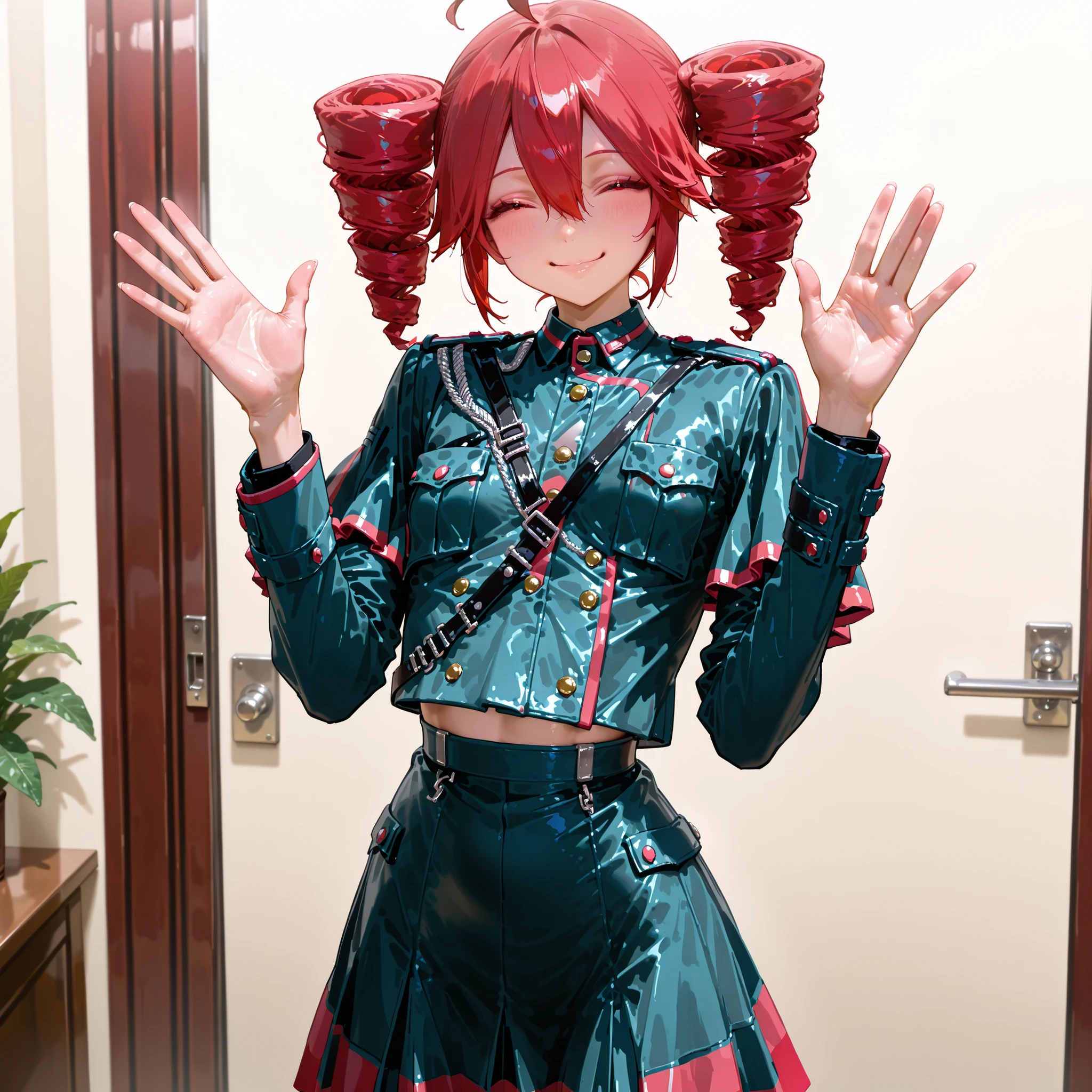 8k, Masterpiece, uniform, Shapely beautiful body line, girls, solo, kasane teto, twin tail drill, red hair, flat breasts, smile, standing, waving gesture, one hand up, show palm,