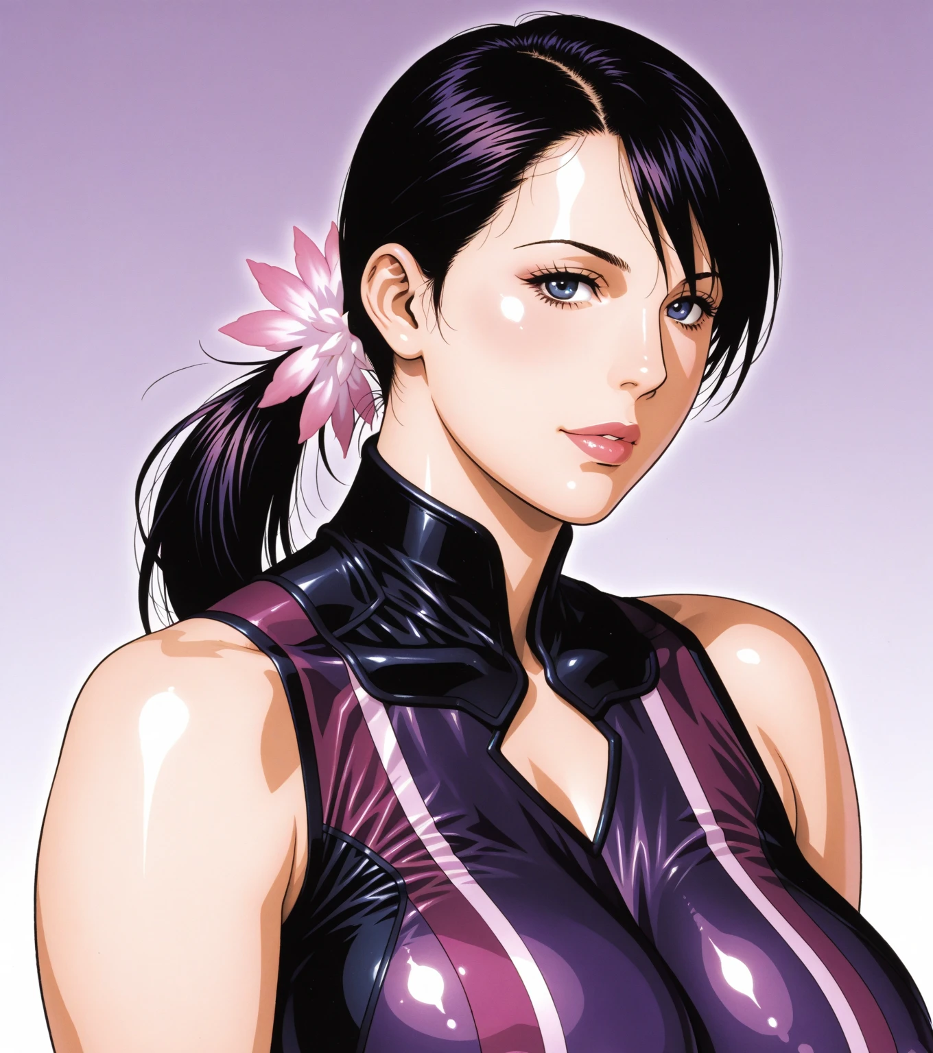 vibrant colors, 8K, high resolution, highly detailed, masterpiece, ((my little pony)), (black striped white hair), (pale white body), (gray eyes) seductive face, japan Samurai, standing, big breasts, beautiful body, cap, middle-age tokio, purple lips, thong
