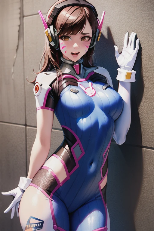 (masterpiece:1.2), best quality, masterpiece, 4k, 8k, ultra-detailed, highres, perfect lighting,1girl, against wall, animal print, armor, bangs, blue bodysuit, bodysuit, bracer, breasts, brick wall, brown eyes, brown hair, bunny print, charm \(object\), clothes writing, covered navel, cowboy shot, d.va \(overwatch\), emblem, eyebrows visible through hair, facepaint, facial mark, gloves, hand up, headphones, high collar, honeycomb background, lips, long hair, looking at viewer, medium breasts, pauldrons, pink lips, skin tight, solo, standing, swept bangs, thigh strap, tiles, turtleneck, whisker markings, white gloves, torn clothes, torn bodysuit, battle damaged, holes in clothes, sad, crying, tears, open mouth, 