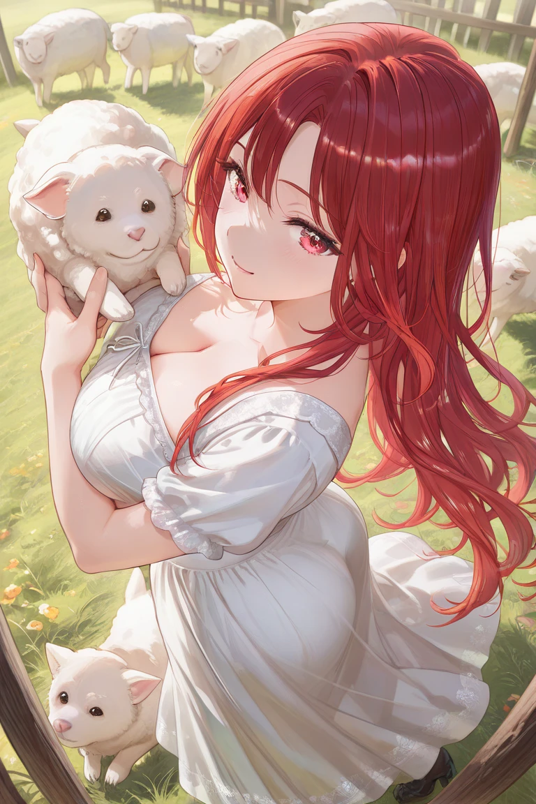 masterpiece, best quality, roxanne, dog ears, fluffy dog ears, collar, sundress, looking at viewer, garden, autumn, sunset, large breasts, ass, smile edgYSD, woman wearing a sundress, very voluminous very fluffy very long dog tail, dog tail starts immediately above butt, dog tail starts from skin, entire dog tail visible, short hair, bloomers, flushed skin, blushing face, red cheeks,  lewd smile, slightly open mouth, gravure, pinup, very long legs, no ears, open-back dress