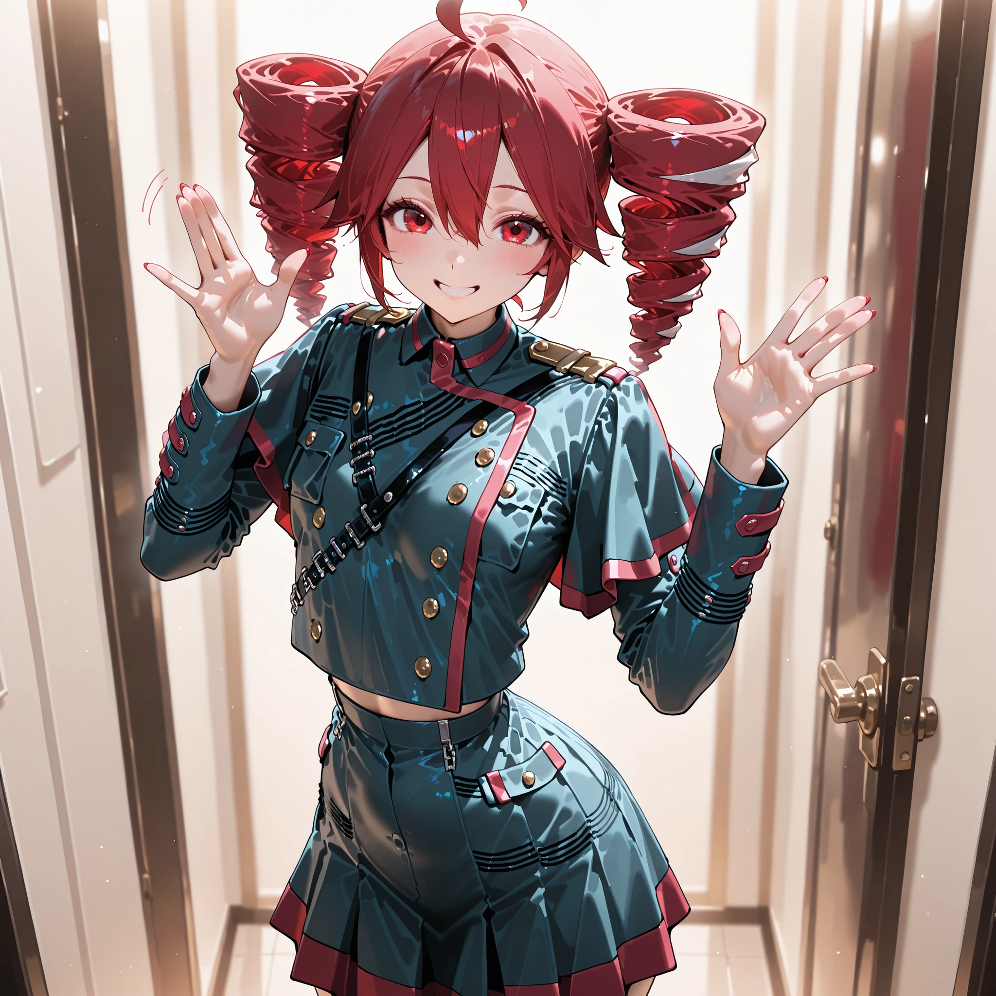 8k, Masterpiece, uniform, Shapely beautiful body line, girls, solo, kasane teto, twin tail drill, red hair, flat breasts, smile, standing, waving gesture, one hand up, show palm,