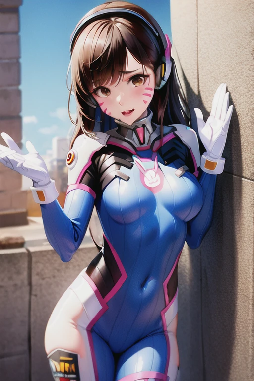 (masterpiece:1.2), best quality, masterpiece, 4k, 8k, ultra-detailed, highres, perfect lighting,1girl, against wall, animal print, armor, bangs, blue bodysuit, bodysuit, bracer, breasts, brick wall, brown eyes, brown hair, bunny print, charm \(object\), clothes writing, covered navel, cowboy shot, d.va \(overwatch\), emblem, eyebrows visible through hair, facepaint, facial mark, gloves, hand up, headphones, high collar, honeycomb background, lips, long hair, looking at viewer, medium breasts, pauldrons, pink lips, skin tight, solo, standing, swept bangs, thigh strap, tiles, turtleneck, whisker markings, white gloves, torn clothes, torn bodysuit, battle damaged, holes in clothes, sad, crying, tears, open mouth, cleavage, bellybutton, bare Shoulders, bare thighs,