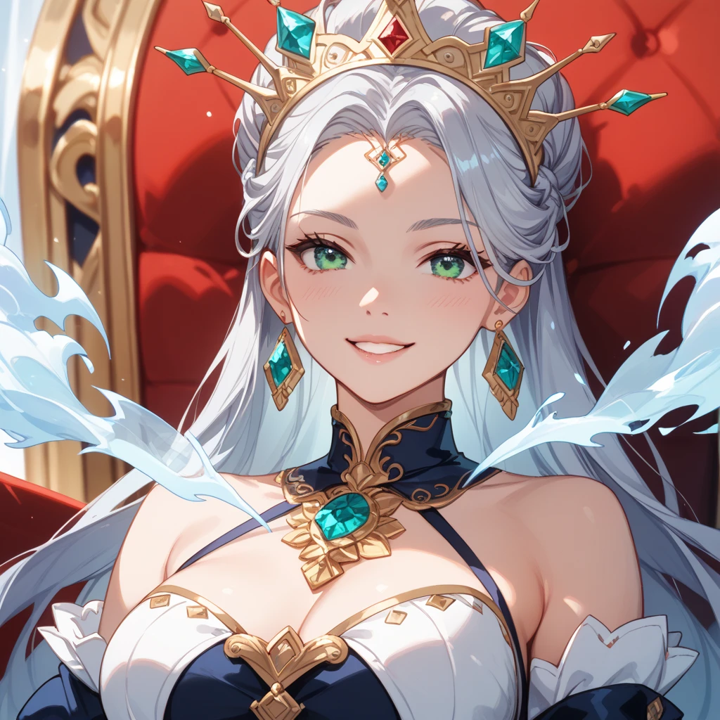 score_9,score_8_up,score_7_up,score_6_up,score_5_up, royalty, elaborate crown, ornate dress, queen in a luxurious palace, moonlit backdrop, shimmering gown, imposing throne, blue gemstones, lavish decorations, queenly authority, blue mist enshrouding, enchanted atmosphere, splendid royal court, sumptuous accessories, intense blue hues, solo, curvy women, BREAK lustrous white hair, striking blue eyes, smile,