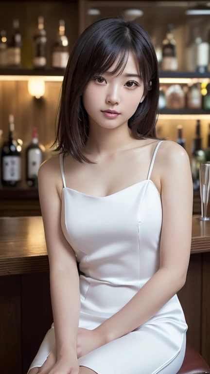 ((extreme close up)), side view, watching camera, A sophisticated bar setting exudes an atmospheric glow, featuring stylish dim lighting and a cozy ambiance. In sharp focus, a thin Japanese actress in her 20s, with tied medium, loosely curled brown hair, sits on a bar stool. Dressed in a formal tight silky long dress, drinking a short cocktail. inviting me to drink together, The scene captures an elegant, intimate mood, enriched by warm lighting and rich textures, creating a masterpiece of visual allure., from side, UHD, masterpiece, anatomically correct, textured skin, super detail, nipple slip, Apply LoRA adaptations to clothing, background, and other elements, but not to the face.