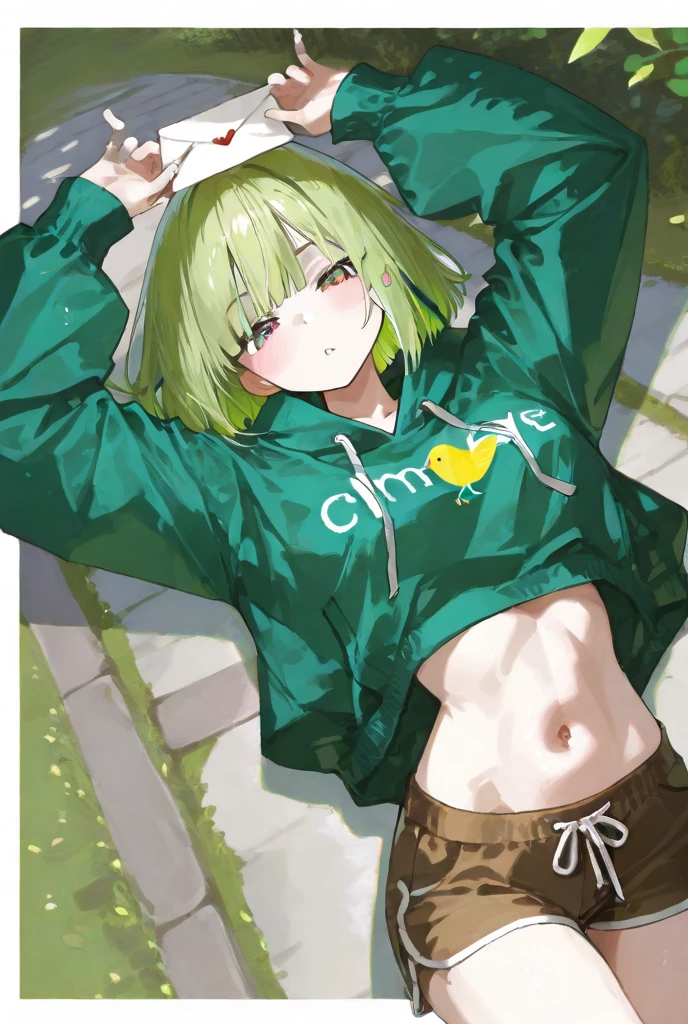score_9, score_8_up, score_7_up, score_6_up, score_5_up, score_4_up, 1girl, Sucrose (genshin_impact), genshin_impact, green hair, small breasts, collarbone, breasts focus, floox style, \\\\\ jacket,, open clothes,green jacket, green track suit,, sportswear, standing, track jacket, green track pants, track suit, \\\\\ steam, steaming body, sweat,, rating_explicit, high resolution, deep breath, head out of frame, grey background, solo, nipple slip , , blush, , eyeglass frames, light green hair that is chin-length . She wears a pair of dark brown round spectacles. Sucrose also has pointed light green animal ears which she tries to hide with her hair; the animal they correspond to is unknown and it is the subject of some of Sucrose's investigations., blush, embarrassed, shy, spoken blush, glasses, short hair