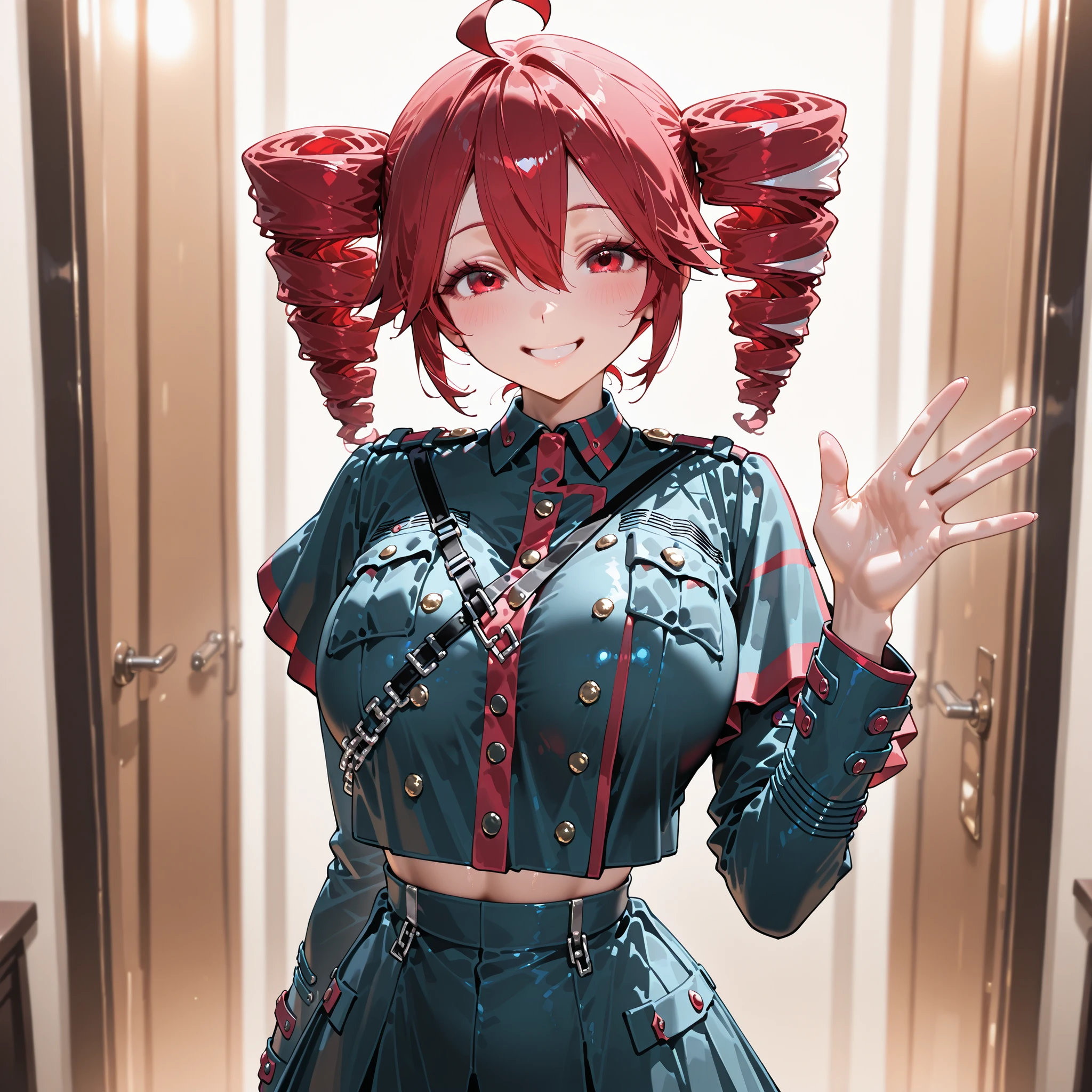 8k, Masterpiece, uniform, Shapely beautiful body line, girls, solo, kasane teto, twin tail drill, red hair, large breasts, smile, standing, waving gesture, one hand up, show palm,