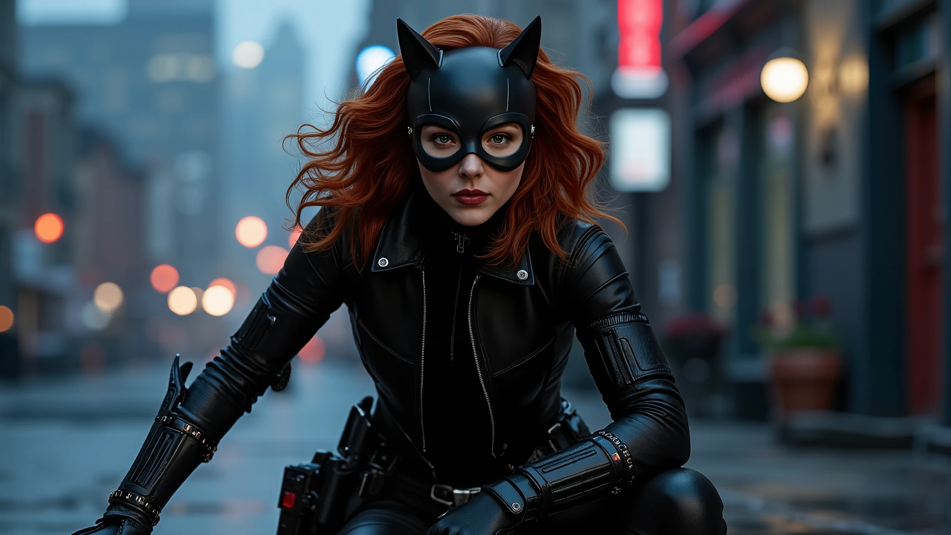 Create a realistic and epic image of a fusion between Black Widow and Catwoman. The character should have:
Face: Combine Black Widow's intense and cunning expression with Catwoman's enigmatic and seductive demeanor, (((creating a face that exudes confidence, mystery, and determination))). Add a piercing gaze and slightly curved lips, highlighting the mix of intelligence and charm.
Hair: Blend Black Widow's wavy red hair with Catwoman's sleek and elegant style, resulting in a hairstyle that is both practical and stylish, with a dark color infused with reddish tones.
Outfit: Design an outfit that combines Black Widow's tactical black uniform with Catwoman's tight leather suit. The design should include details like belts with gadgets, retractable claws, and a touch of red in accessories such as gloves or boots, reflecting the balance between feline agility and combat prowess.
Accessories: Include iconic (((elements like Catwoman's night vision goggles mixed with Black Widow's shock bracelets.))) The suit could feature a utility belt containing both Black Widow's weapons and Catwoman's burglary tools.
Setting and Pose: Position the character in a nighttime urban environment, such as the rooftops of a city lit by neon lights or in a shadowy alley. The pose should be agile and stealthy, perhaps mid-leap or in a combat stance, showcasing her ability to move with precision and speed.
Style: Maintain a realistic style that captures the blend of strength and agility, with a design reflecting both Black Widow's espionage skills and Catwoman's thieving dexterity, creating a figure that is both lethal and seductive.