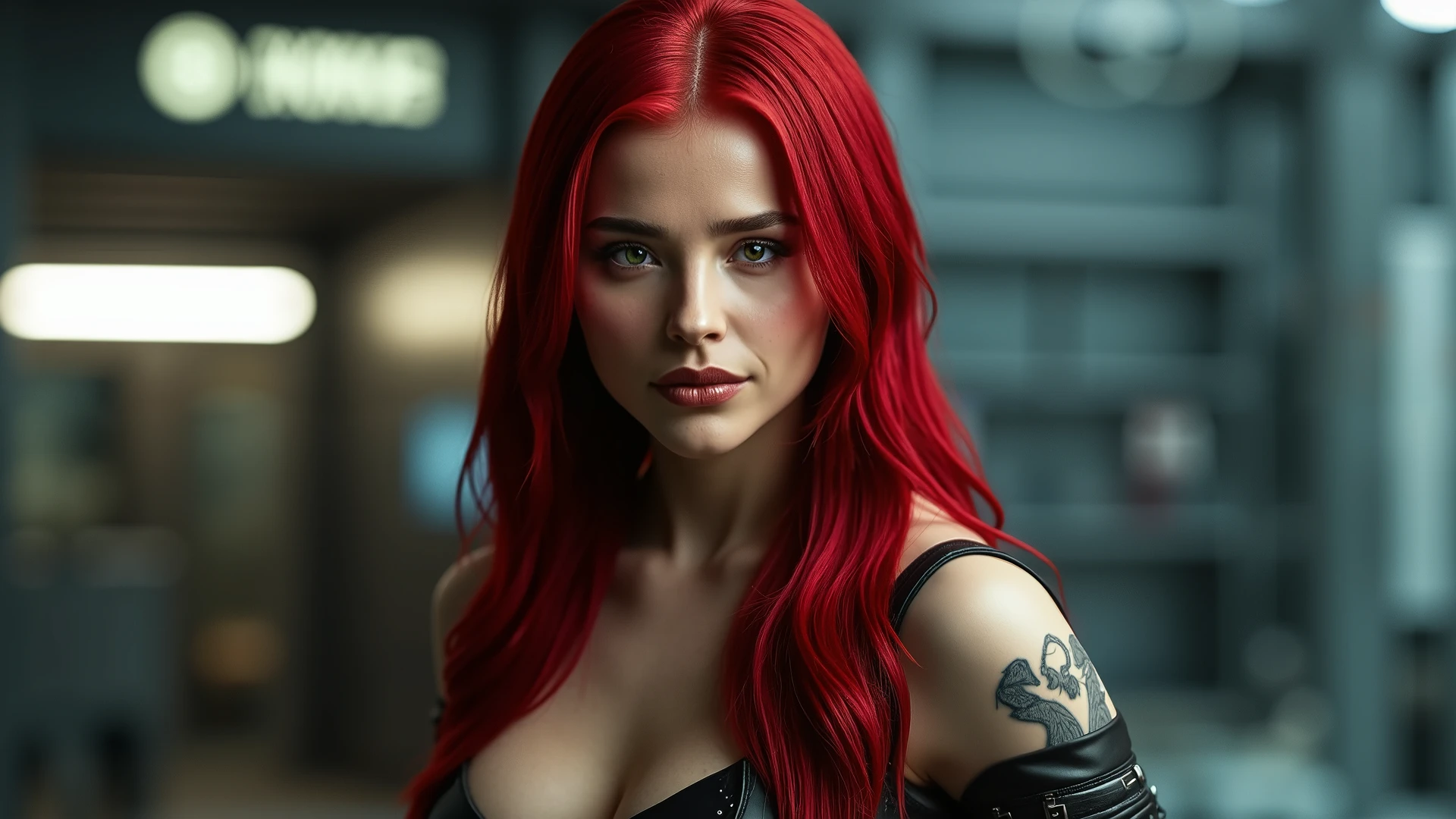 ((perfect anatomy:1.2,realistic:1.3,RAW Photography:1.3,masterpiece、highest quality、Ultra - High resolution、High resolution、Highly detailed CG、8K)), This artwork should be hyper-realistic, capturing every detail with stunning clarity, image of Nikki from pandemonium,long straight hair, red hair, green eyes, Full body, very detailed outfit, The outfit should be alluring , unzipped:1.2, ((costume is unzipped )), narrow waist, wide hips, slender body, thigh gap, skinny, (sweat:1.2), big breasts, heavy breasts, view from the side, show armpit, futuristic backround
