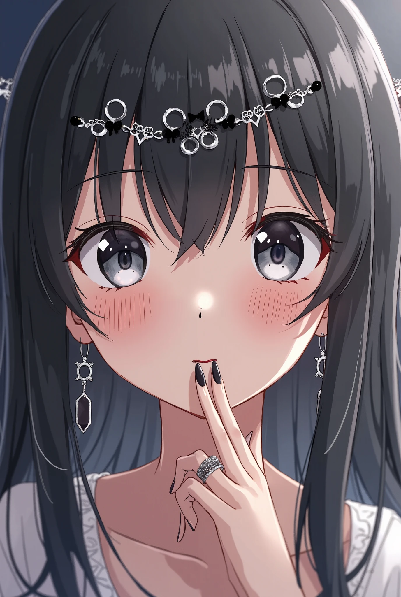 A woman with dark hair and gray eyes. Sparkling white and black rings intersect above her head. Clear beads float around her. Calm and quiet expression. I'm wearing Greek nails and I want Japanese anime pictures