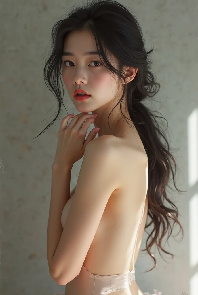 an (()), ((child model)), ((kid model)), delicate face, ((pale white skin)), black and blue hair, green eyes, posing in a photoshoot, gamer girl, eyeliner, egirl, (((naked)))