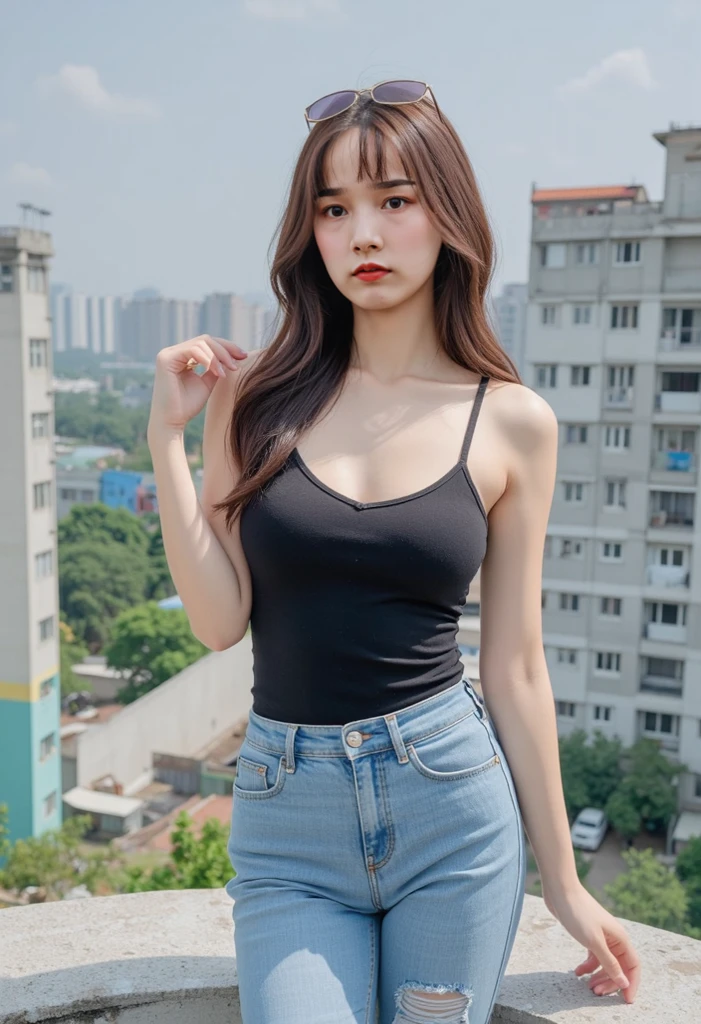 Gorgeus Girl, Beautiful, Baby Face, 20 Years Old, White Skin, Beside, Sexy Pose, wearing black tank top, Blue Eye, Bokeh, park Background, Masterpiece, asking for a hug, full body Shot, short pants
