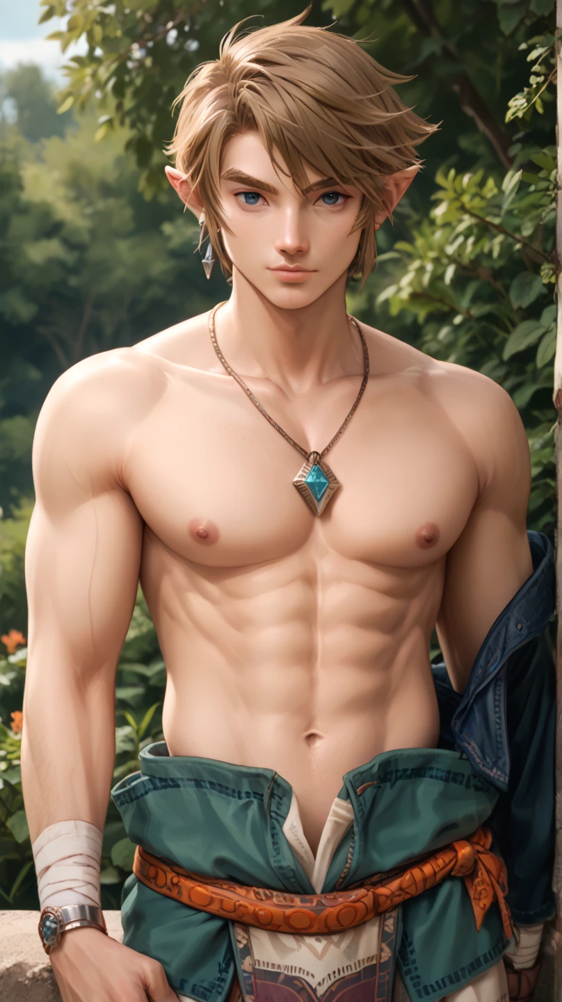 (Masterpiece, Best quality:1.2), 1 person, Solo attractive guy with heavenly colored eyes, delicate brown hair, magic , seductive look, mysterious smile with a smirk, very beautiful face , Detailed face image, big long nipples on the chest , Naked ,Handsome guy! diamond in ear. gold chain around the neck, full-length photo body portrait of a cute boy of the highest quality!