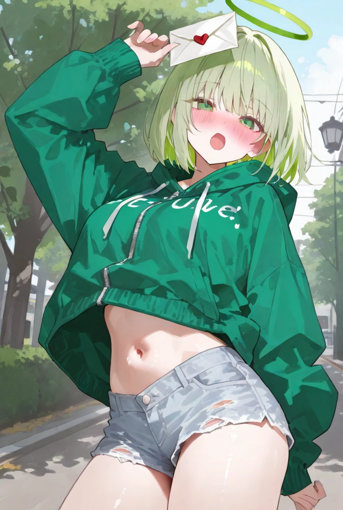 score_9, score_8_up, score_7_up, score_6_up, score_5_up, score_4_up, 1girl, Sucrose (genshin_impact), genshin_impact, green hair, small breasts, collarbone, breasts focus, floox style, \\\\\ jacket,, open clothes,green jacket, green track suit,, sportswear, standing, track jacket, green track pants, track suit, \\\\\ steam, steaming body, sweat,, rating_explicit, high resolution, deep breath, head out of frame, grey background, solo, nipple slip , , blush, , eyeglass frames, light green hair that is chin-length . She wears a pair of dark brown round spectacles. Sucrose also has pointed light green animal ears which she tries to hide with her hair; the animal they correspond to is unknown and it is the subject of some of Sucrose's investigations., blush, embarrassed, shy, spoken blush, glasses, short hair, navel
