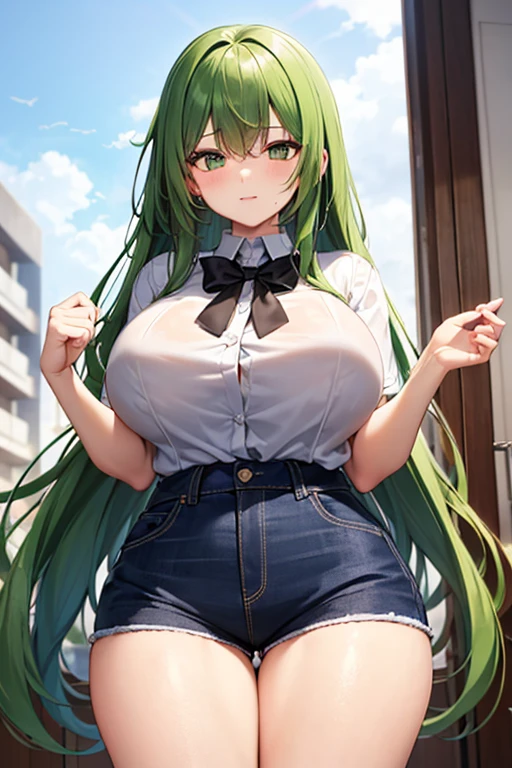/(Girl),(anime),(young),(pretty),(super hot),(white skin color),(green eyes and long green hair),(Super beautiful), (structured body), (slender body), (parts of the body with super large and super hypersexual ass and breasts), (super mega large breasts),(18 year old woman), (with super mega large breasts),(Dress),+,(a super tight pencil style denim skirt and a super sensual white t-shirt),+,(And she is lifting her jeans skirt at the back showing her panties at the back)