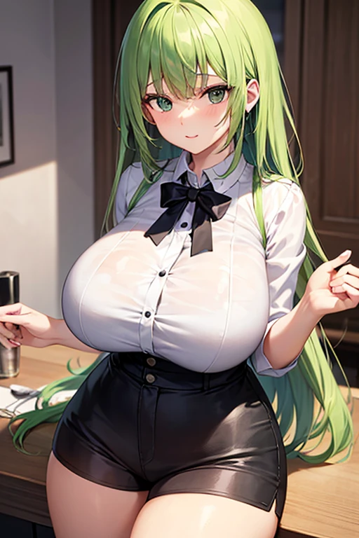 (masterpiece, best quality, very aesthetic, ultra detailed), intricate details, highly detailed background, perfect lightingbest quality, kokonoeshinobu, solo, indoors, office, office lady, green hair, swept bangs, long hair, yellow eyes, large breasts, See Through black jacket, open jacket, See Through blazer, See Through business suit, See Through white shirt ,See Through belt, See Through black skirt, See Through pencil skirt, See Through skirt suit, smile, open mouth, :d, pink lips, solo, nsfw ,nipple, See Through,