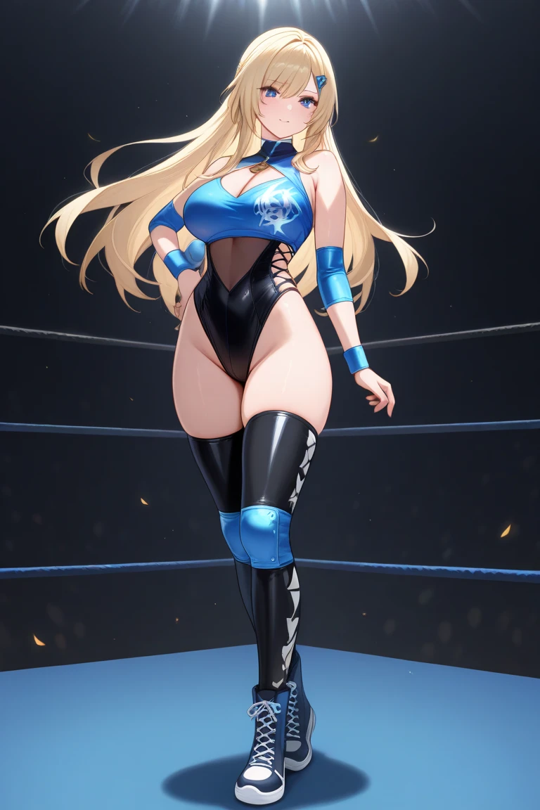 (masterpiece image, very detailed image, best high quality high definition image High very detailed Quality image, Very detailed high quality image), solo character, female wrestling, hip attack technique, back view
1girl, absolute beauty, 28 years old, fair pale skin, light blue eyes, sexy beauty features, long blonde golden hair tied in two pigtails with pink ribbons and blonde golden hair curly fringe near the nose, voluptuous figure, big breasts, round butt, beautiful legs, (light pale blue one piece leotard with a white stripe line in the belly and a grey spandex shorts under the leotard, grey knee pads, light pale blue wrestling boots, light pale blue arms sleeves, grey elbow pads), serious cocky attitude,
Dirty gym and wrestling ring
