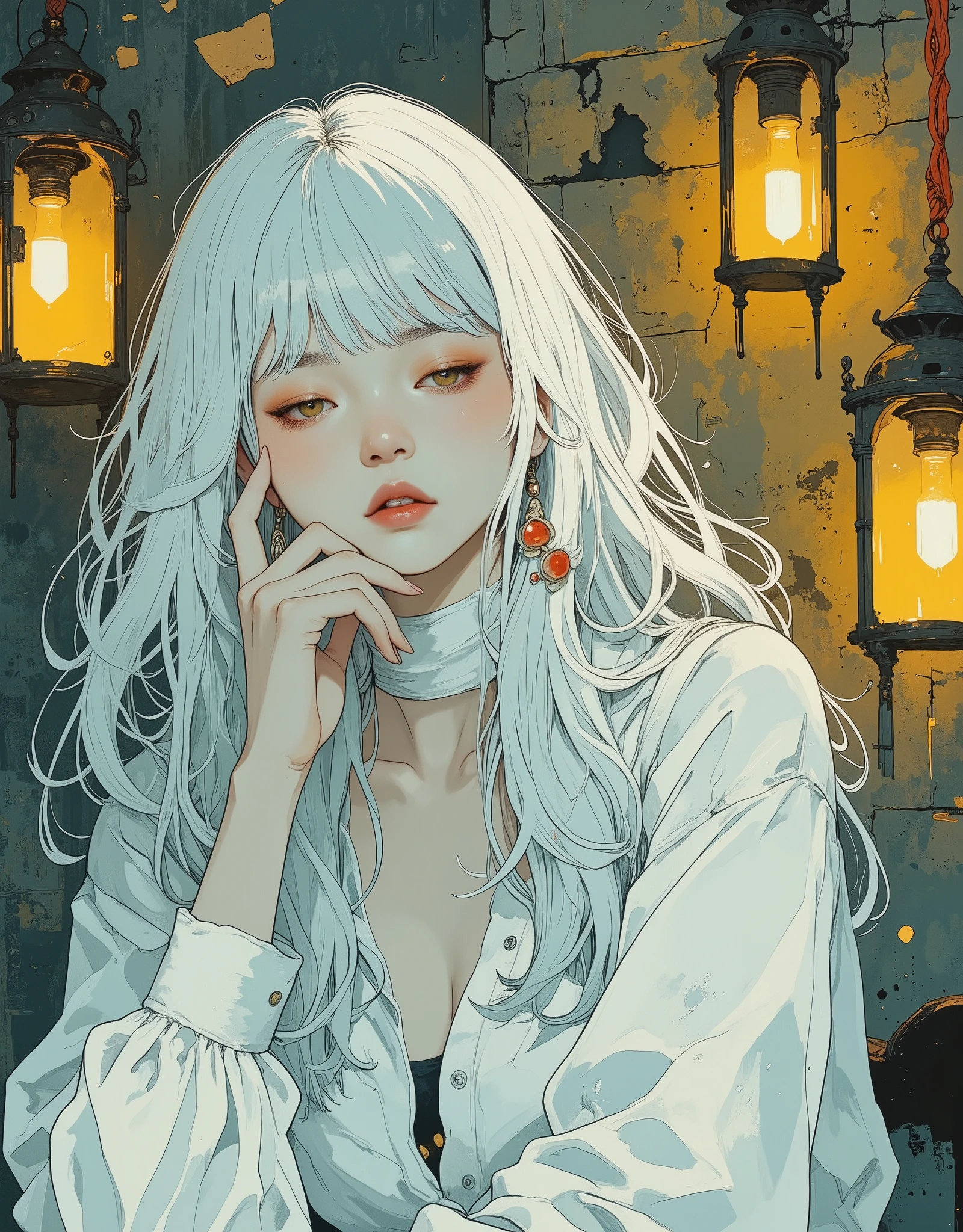 A stylish character with a bright sexy appearance. Close-up of the heroine is a young albino of European appearance with long wavy white with hair, styled with thick voluminous bangs, almost covering her eyes. She is wearing a loose translucent white blouse, and her skin is smooth, milky white, that gives her ethereal and ghostly look. Accessories include a large earring with large rubies, what creates a subtle contrast with her exquisite look. She sits thoughtfully, , looking ahead, style leaning chin on hand. Several large vintage-style black wrought-iron lanterns hang above the stage on bright braided red cords, radiating a soft glow, immersing the stage in a dreamy yellow-turquoise atmosphere. Background - a textured wall of old black concrete with scattered plaster. In this scene , you feel calm and absorbed, and the girl's soft facial expression is hidden behind her bangs, which creates a peaceful atmosphere. , Drawing, иллюстрация ретро 90-х, Loputin, James Jean, Ayama Kojima, chromatic aberration, detail, High contrast, cinematic look, volumetric lighting, perspective , disheveled hair, rough texture , melancholic mood, cinematic, white hair, voluminous bangs , closed eyes, milky white skin, white haircut, aerial, minimalist, Soft light, mysterious facial expression, Peace, intense detail, photorealistic (Sharp focus: 1.3). The image is very detailed, with emphasis on skin texture, that emphasizes the dramatic and bold aesthetics of the image.