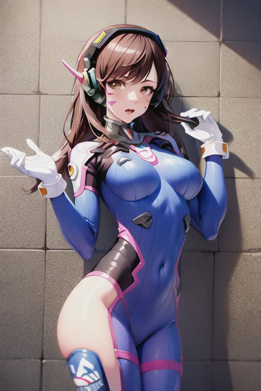 (masterpiece:1.2), best quality, masterpiece, 4k, 8k, ultra-detailed, highres, perfect lighting,1girl, against wall, animal print, armor, bangs, blue bodysuit, bodysuit, bracer, breasts, brick wall, brown eyes, brown hair, bunny print, charm \(object\), clothes writing, covered navel, cowboy shot, d.va \(overwatch\), emblem, eyebrows visible through hair, facepaint, facial mark, gloves, hand up, headphones, high collar, honeycomb background, lips, long hair, looking at viewer, medium breasts, pauldrons, pink lips, skin tight, solo, standing, swept bangs, thigh strap, tiles, turtleneck, whisker markings, white gloves, torn clothes, torn bodysuit, battle damaged, holes in clothes, sad, crying, tears, open mouth, leotard, cleavage, side boob,