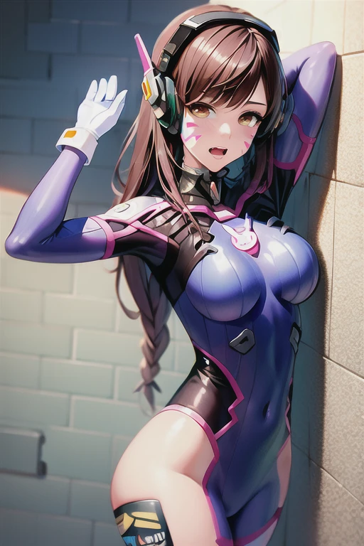 (Asuka Furukawa、sexy woman), Pink transparent bodysuit with emphasis on body lines, Female Solo, Full body bodysuit, Sit on a sparkling pink pipe, Mechanical chair, Plump breasts, Cyber-inspired long gloves and boots, torpedo tits, Hart Nipples, brown haired, The long-haired, straight haired, Tattoo of the lower abdomen, Troubled eyebrows, Surprised look Open mouth and stick out tongue, Eyes glow pink, Taimanin suit, Put one hand on your crotch, Open your crotch, headphones, chastity belt, Glowing tube connected to chastity belt, Futuristic and inorganic background, blunt bangs, Chain tied to the wrist, trapped in a cylindrical tank,
