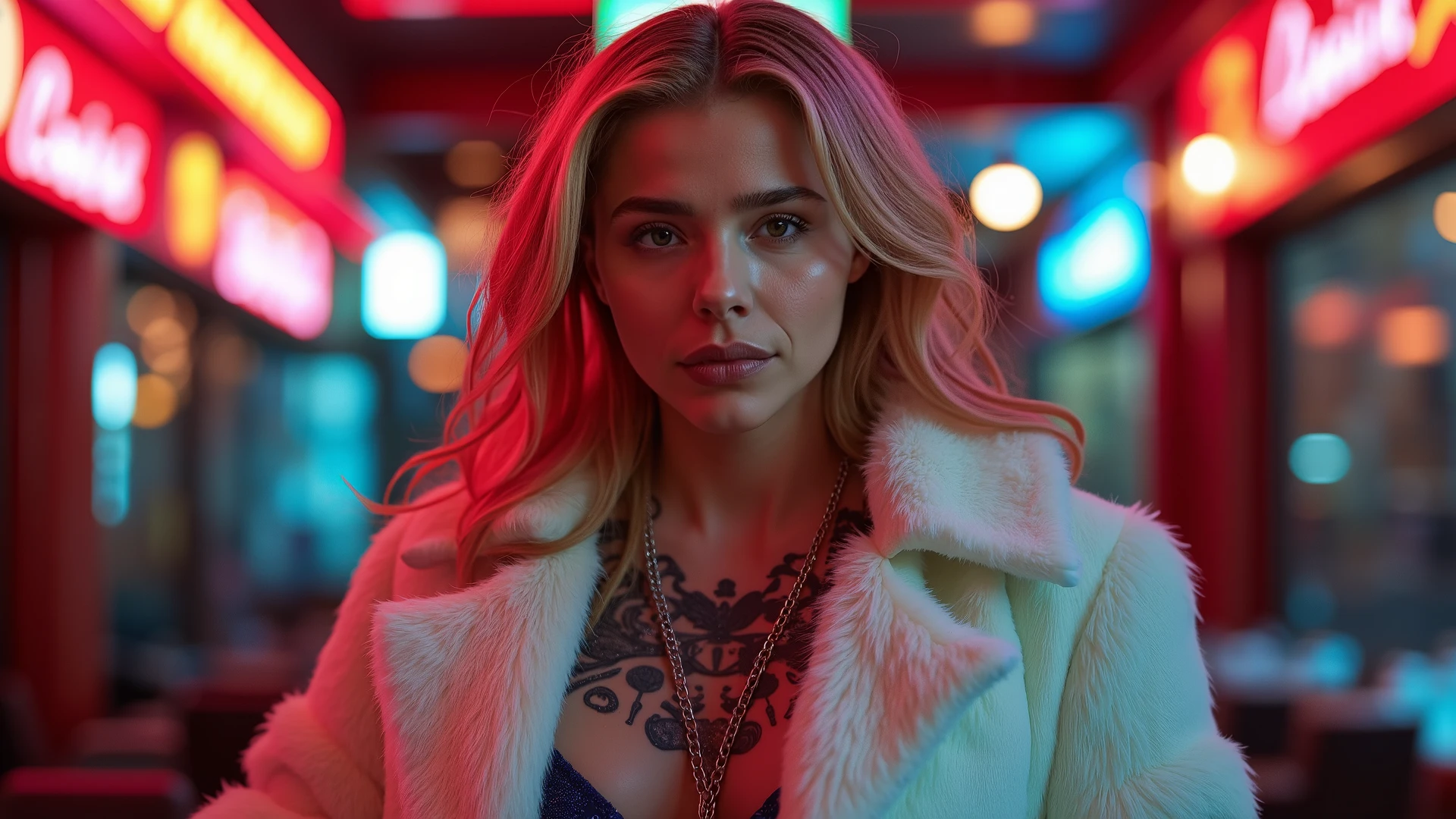 Brazilian 40 yers old woman, Create an ultra-photorealistic portrait of Trinity with color hair, inspired by cybercity restaurant backround. colorful atompunk, Long Hair, chains, on Women's snow white fur coat, no shirt body tattoos, warm pose, highly detailed face, fashion photography, award winning photo, Hyper reality detail, matrix code style