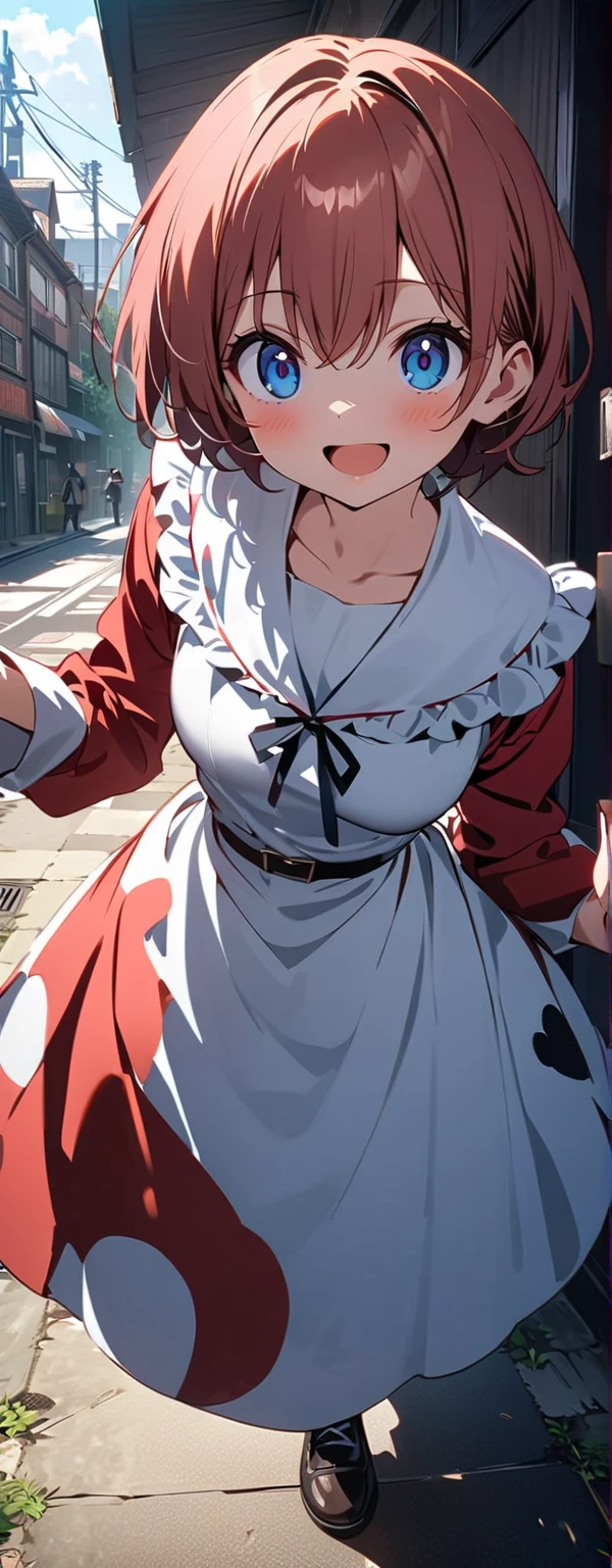 1womanl,Brown hair,Red ribbons ,((Impatient expression)),Beautiful breasts,White shirt,Red Mini Dress,well-styled,,(Facing the front)(((Blushing cheeks、embarassed expression)))、
