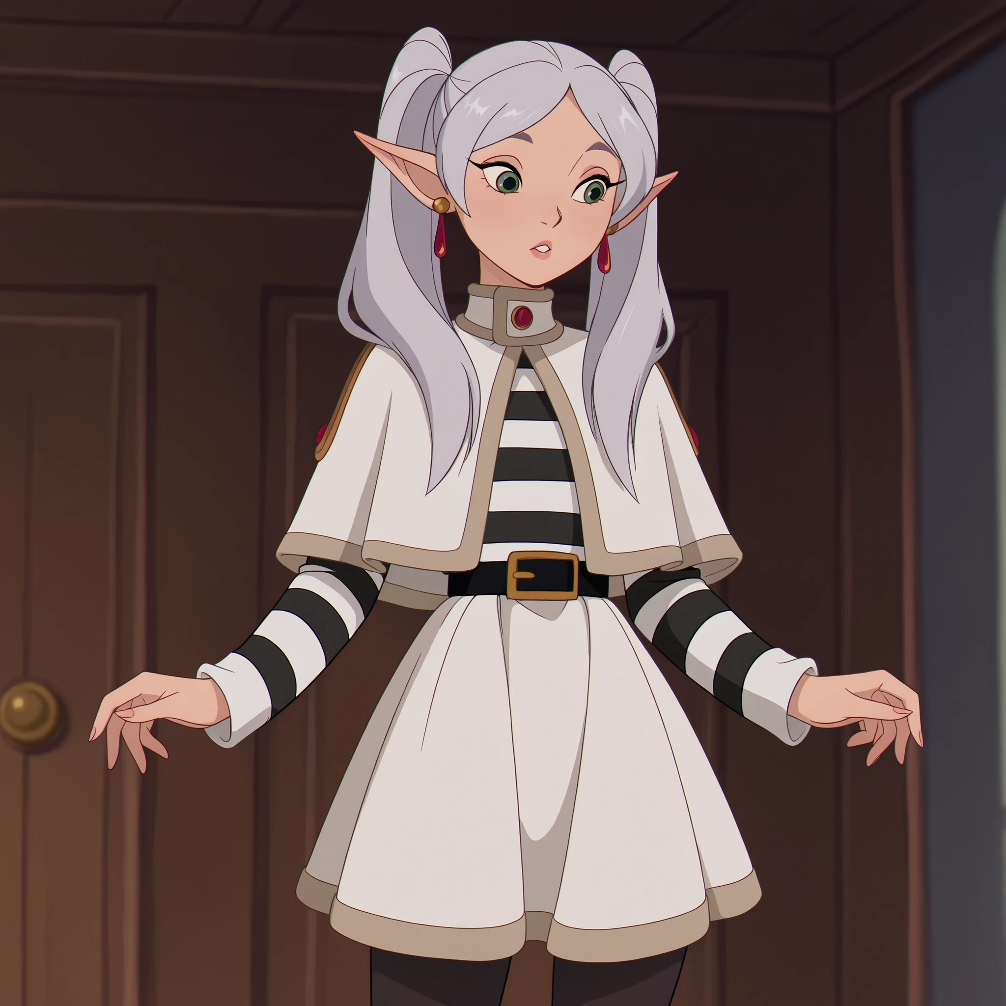 masterpiece, best quality, DisneyClassics, grey hair, long hair, green eyes, twintails, parted bangs, earrings, pointy ears FrierenCasual, striped shirt, white capelet, black belt, white skirt, long sleeves, black pantyhose