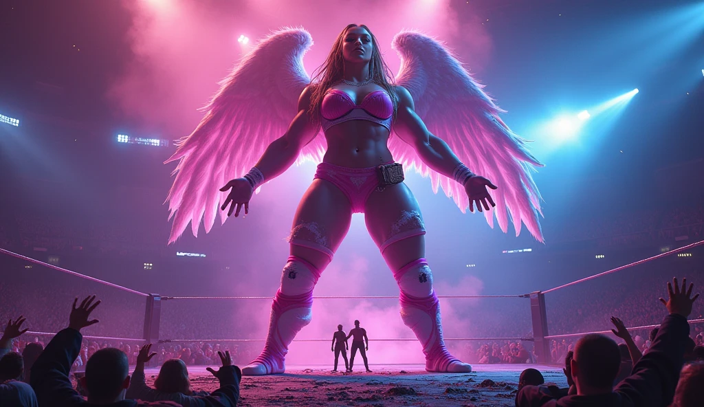 Angel femboy, huge white wings, halo, geisha outfit, pink braided hair, gigantic muscular body, full body.