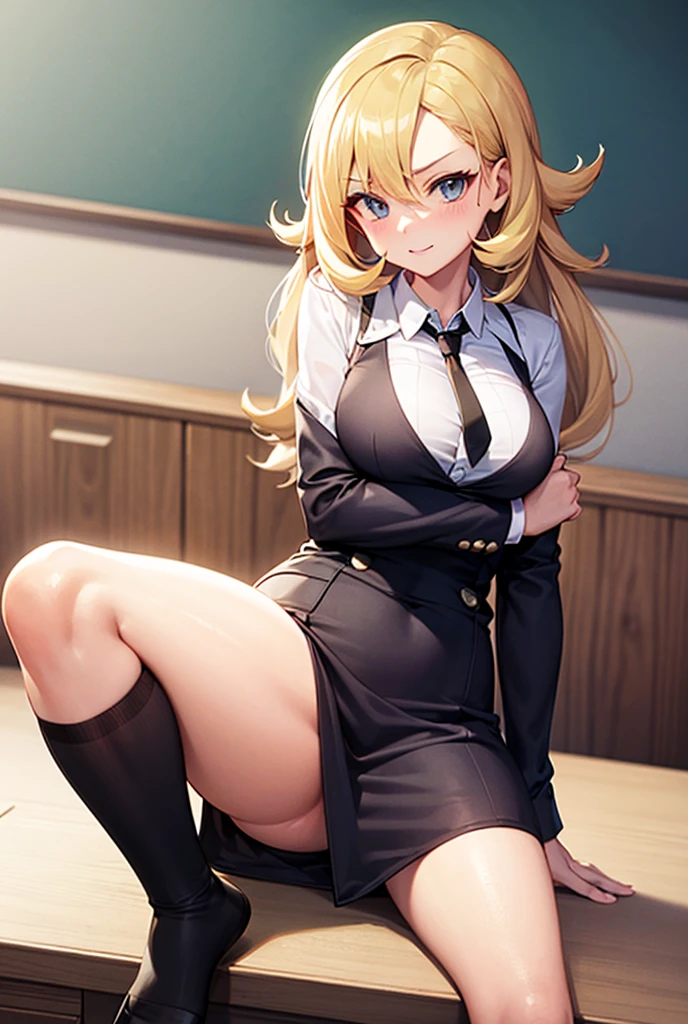 (8k, RAW photo, highest quality, masterpiece:1.2), (Highly detailed 8K wallpaper),figure、professional lighting,sharp focus, Depth of the bounds written、 NSFW、clear eyes、perfect anatomy、perfect lighting、12 year old student、、2 girls included、(smile:1.2)、(leaning forward:1.3)、 (black skin:1.5)、(blonde:1.5)、high ponytail、((necklace, colorful bracelet, ×Hair ornament):1.2), 、huge tit、、Plump thighs AKE UP:1.3)、 (school uniform, blazer:1.3)、(loose socks below the knee:1.5)、 、cowboy shot、classroom、School、