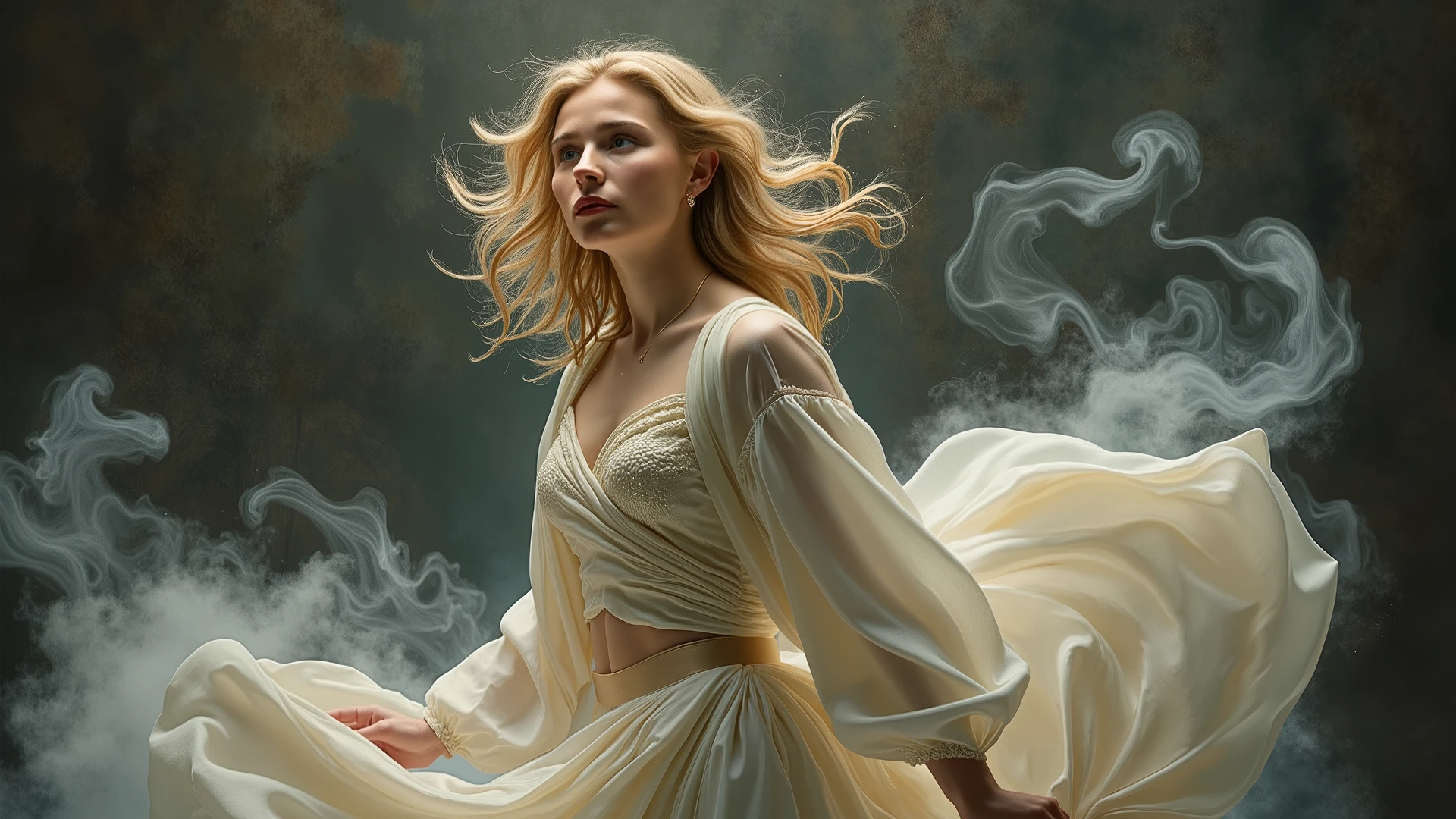 A fantasy woman, embodying an ethereal presence, is the central subject of this fluid illustration, now enhanced by an enchanting aura that emits delicate wisps of shimmering fumes. Likely in her late s or early twenties, she is posed in a three-quarter profile view, leaning slightly forward as the fumes swirl around her, adding an extra layer of mystique to her appearance. Her flowing hair, reminiscent of cascading waterfalls, is styled with loose waves and curls that shimmer with hints of magical colors and intertwine with the ethereal vapors, beautifully framing her enchanting face.
Dressed in a flowing, off-white, draped garment resembling a mystical robe, the fabric swirls gracefully around her form, enhanced by the dynamic movement of the emitting fumes that dance around her. Her delicate facial features exude a serene and otherworldly expression, with her gaze directed slightly upward and to her right, as if contemplating the wonders of her realm while the fumes create a dreamlike atmosphere around her. The slender proportions of her body align with the ideals of fantastical beauty, captured in the fluid illustration style that emphasizes the grace of her posture against the backdrop of ethereal emissions.
The setting features a dark, neutral backdrop with a textured surface, suggesting a magical forest or enchanted landscape, now further accentuated by the ethereal fumes that weave through the scene. Dramatic lighting casts strong highlights on her face and upper body while enveloping the rest of her figure and the background in shadow, creating a soft contrast between light and dark areas. This enhances the atmospheric mood and emphasizes her magical essence, with the composition remaining symmetrical yet dynamic, drawing the viewer's eye towards her figure and encapsulating the beauty and mystique of fantasy art intertwined with the enchanting effect of the emitted fumes.