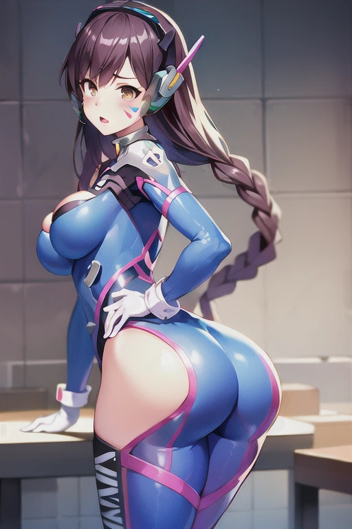 (Resembles D.VA from overwatch), long brown hair, blue and white d.va , ((beautiful ((brown)) eyes)), white gloves, slender body, ultra high resolution, anime style, standing, god rays, ray tracing, cinematic lighting, depth of field, from behind, UHD, masterpiece, retina, high quality, best quality, highres, 8k, thick, (wink), ((seductive smile)), (sweat marks), (big ass), mecha pilot