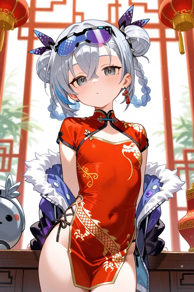 shiroko_bluearchive,beast ears, one girl with long twintail bun hair, skirtlift,looking at viewer, expose her camel toe,little smile,chinese dress, flower pattern, sleeveless, outdoor, festival, temple, slim, dizzy, big-chest, wide hips, perfect waist, day atmosphere, hair ornament, standing, upper body,